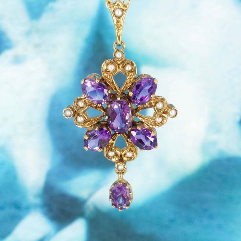 Pre-Loved 9ct Yellow Gold Amethyst & Pearl Set Pendant & Chain