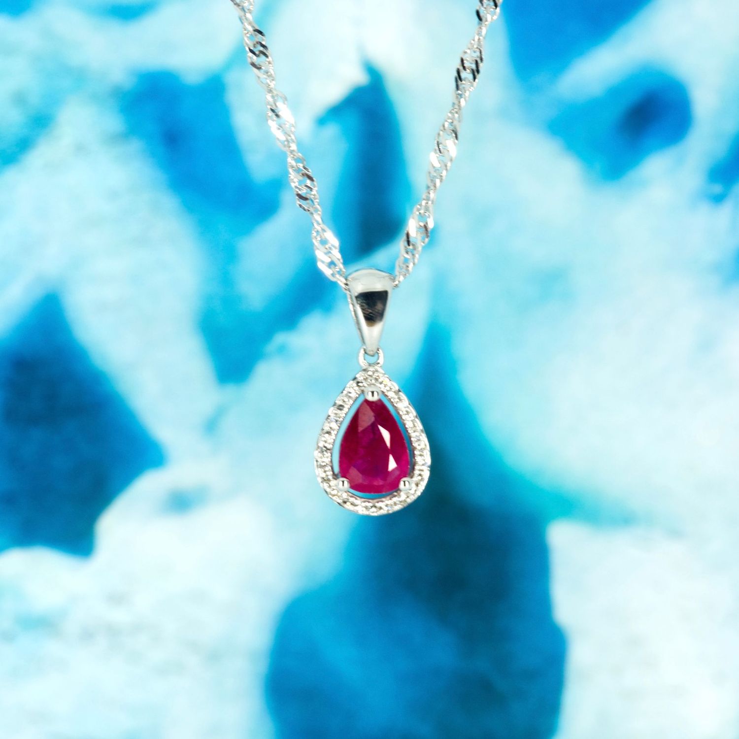 9ct White Gold Pear Cut Ruby & Round Brilliant Cut Diamond Cluster Pendant & Chain