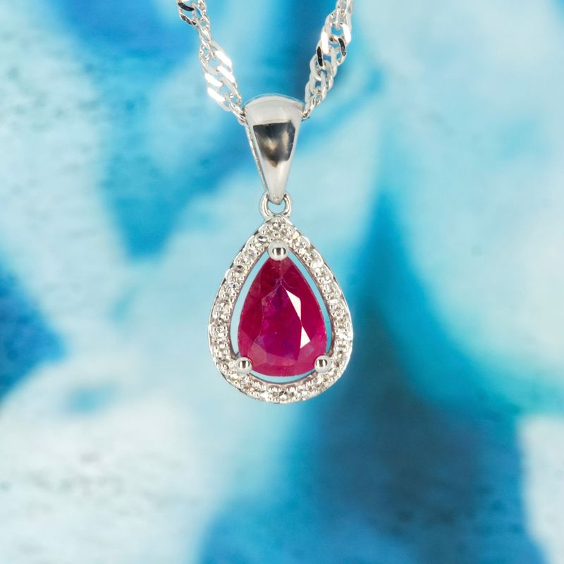 9ct White Gold Pear Cut Ruby & Round Brilliant Cut Diamond Cluster Pendant & Chain