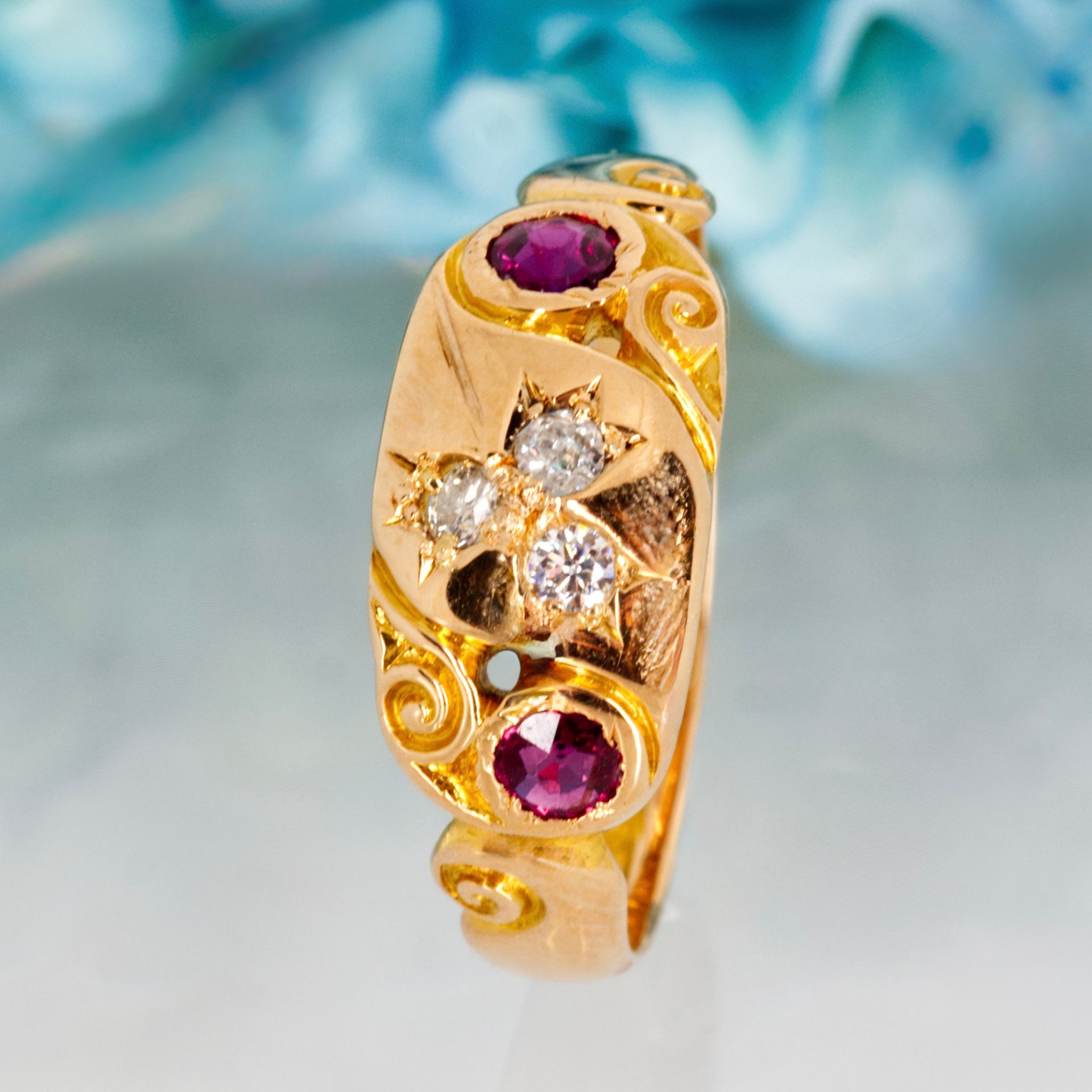 Antique 18ct Yellow Gold Ruby & Diamond Dress Ring, hallmarked Chester 1905