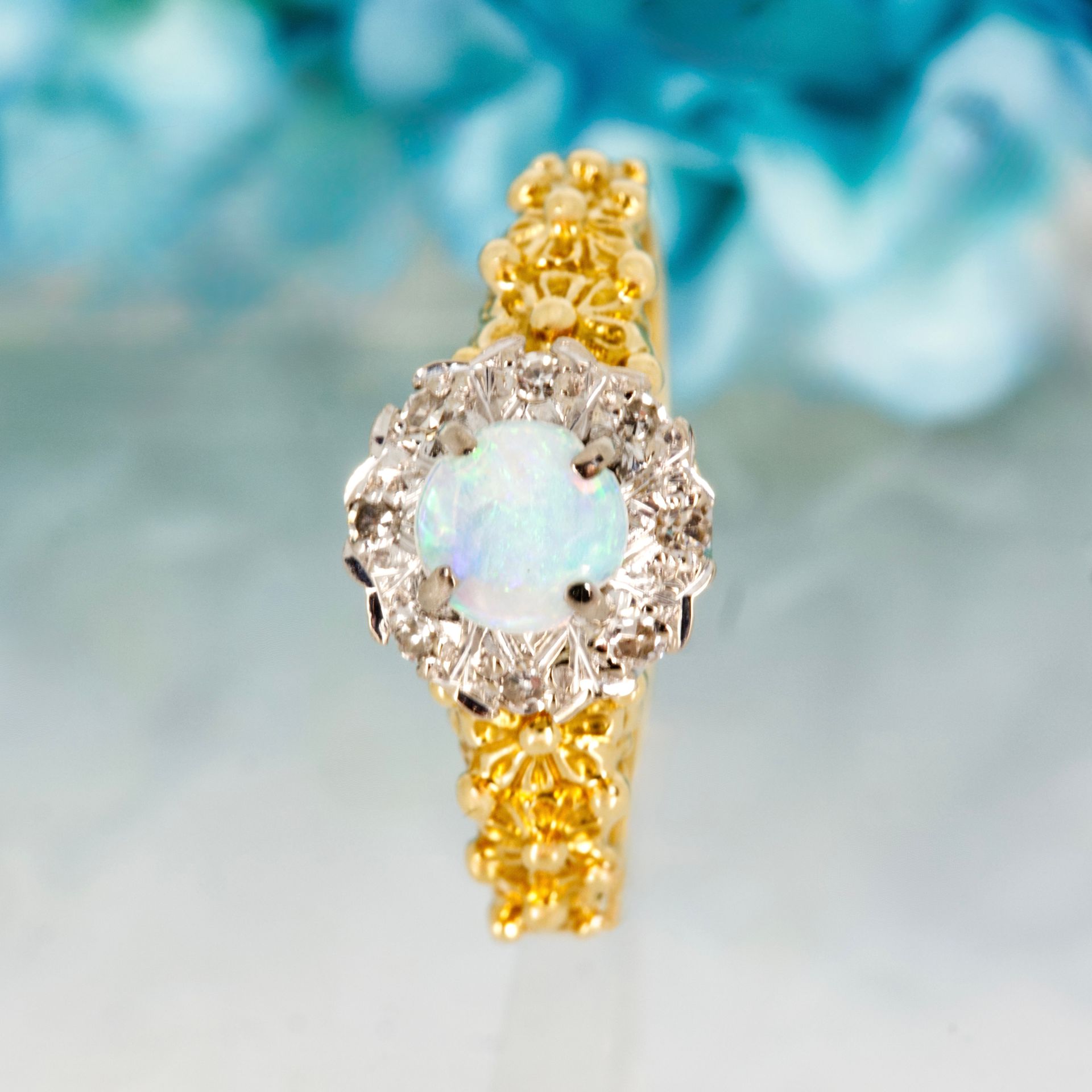 Pre-Loved 18ct Yellow Gold Round Opal & Round Brilliant Cut Diamond Cluster Ring