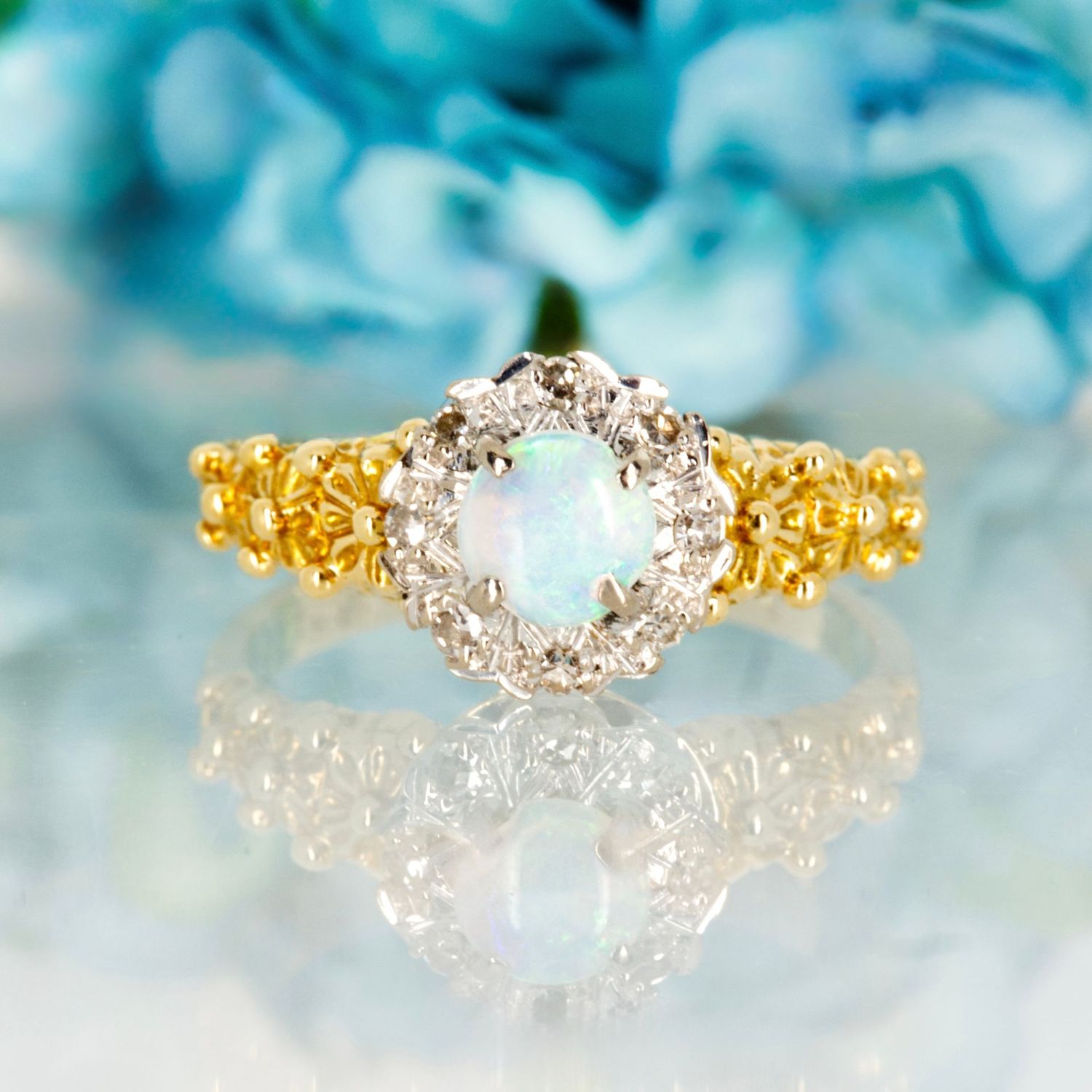 Pre-Loved 18ct Yellow Gold Round Opal & Round Brilliant Cut Diamond Cluster Ring