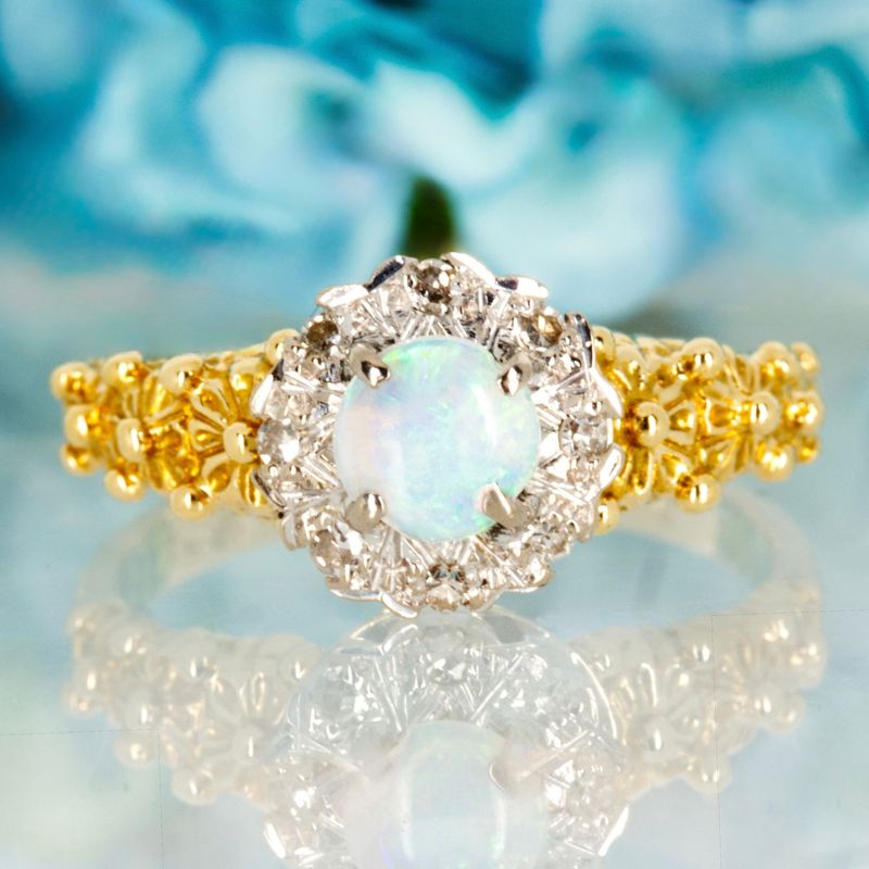 Pre-Loved 18ct Yellow Gold Round Opal & Round Brilliant Cut Diamond Cluster Ring