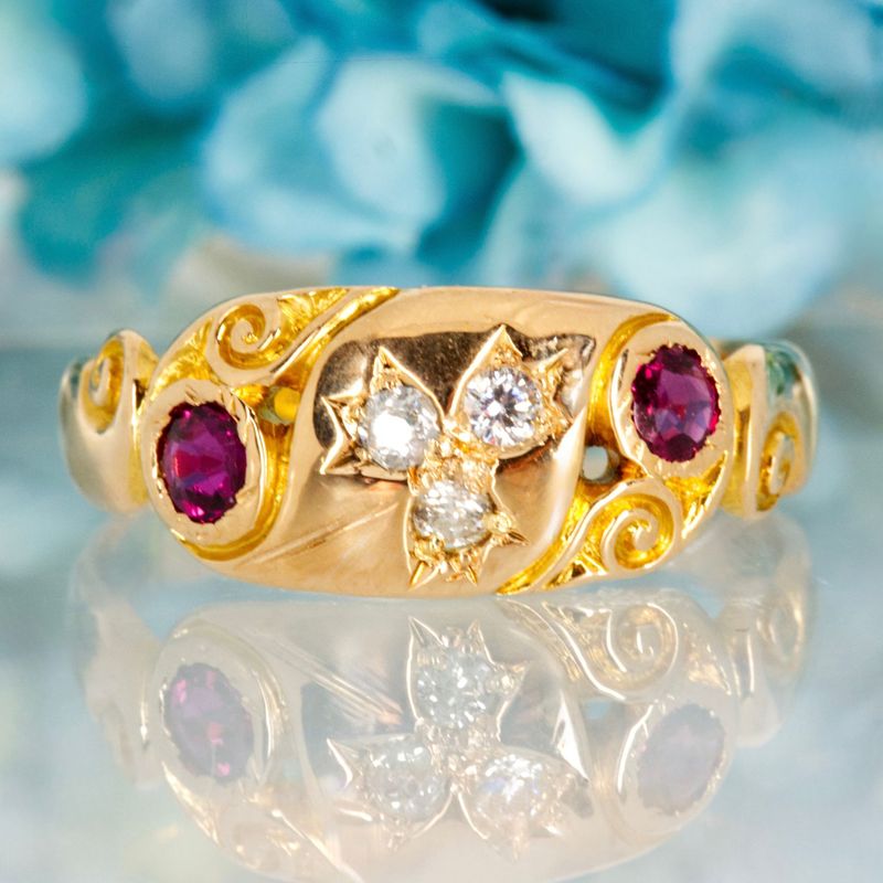 Antique 18ct Yellow Gold Ruby & Diamond Dress Ring, hallmarked Chester 1905