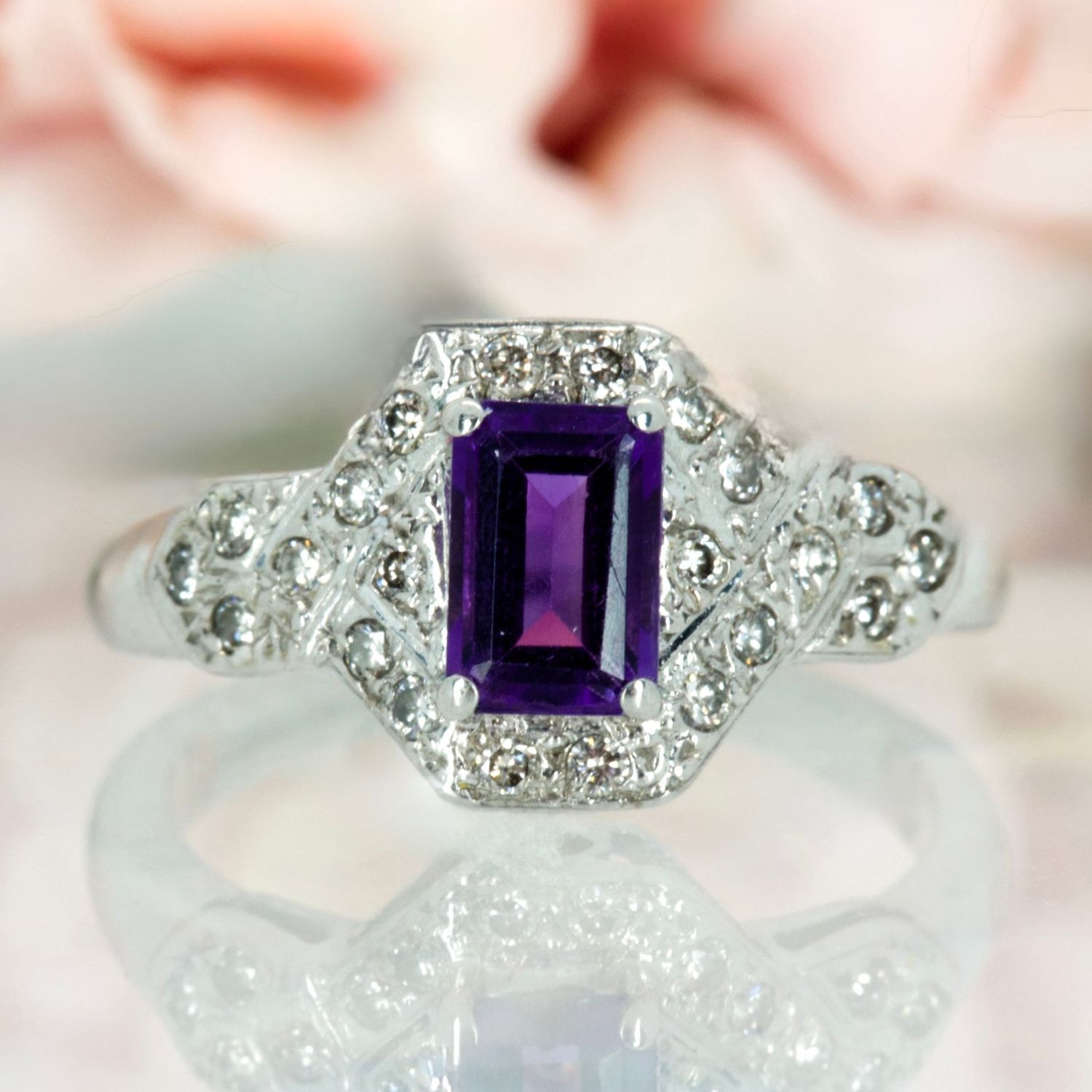 Pre-Loved 9ct White Gold Amethyst & Diamond Rectangular Cluster Ring