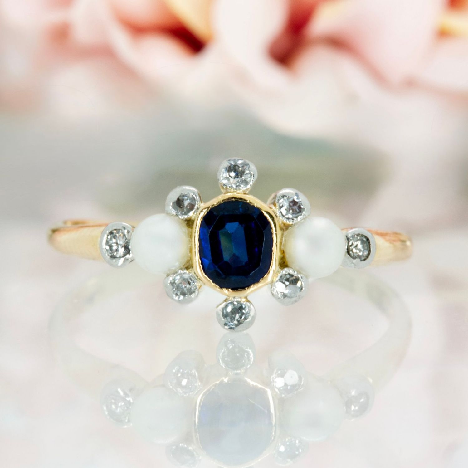 Pre-Loved 18ct Yellow Gold Sapphire, Diamond & Pearl Cluster Ring