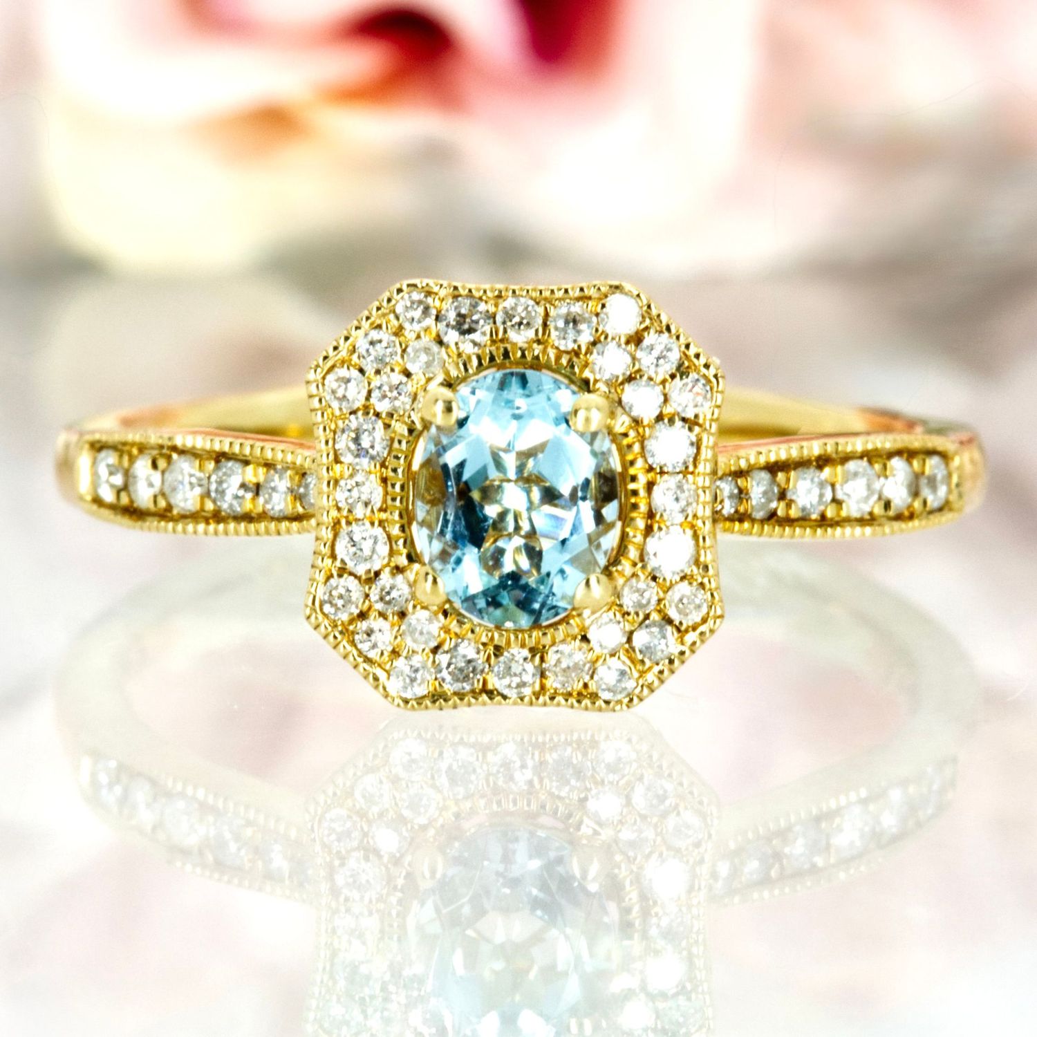 9ct Yellow Gold Oval Cut Aquamarine & Round Brilliant Cut Diamond Octagonal Cluster Ring