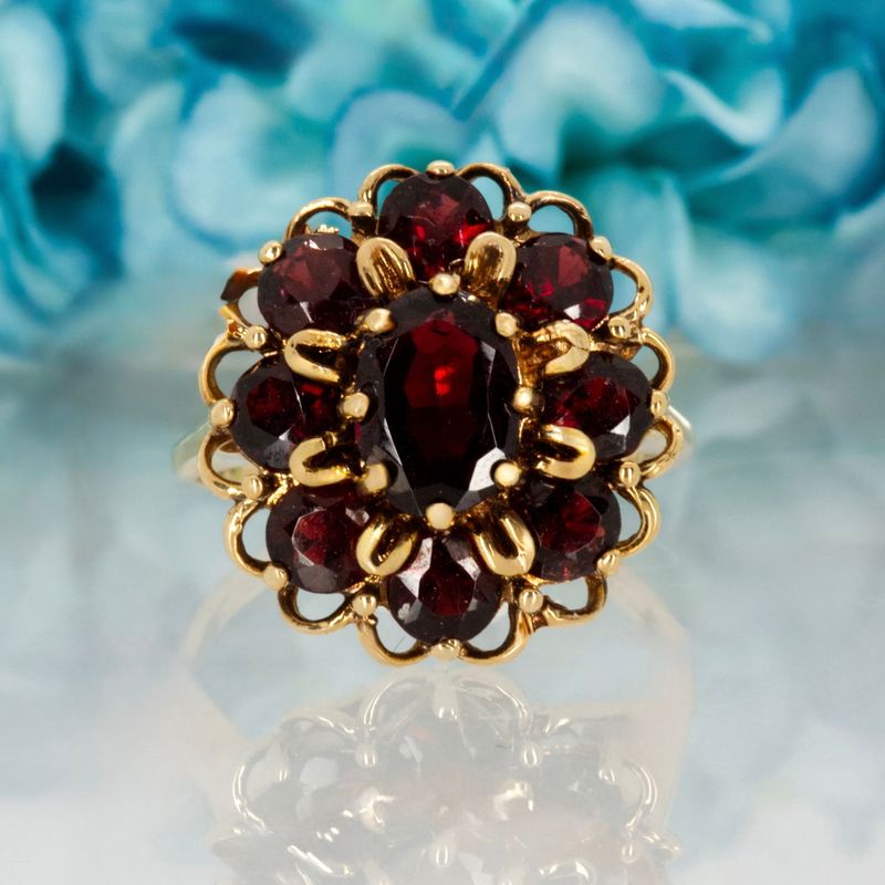 Pre-Loved 9ct Yellow Gold Oval & Round Cut Garnet Cluster Ring