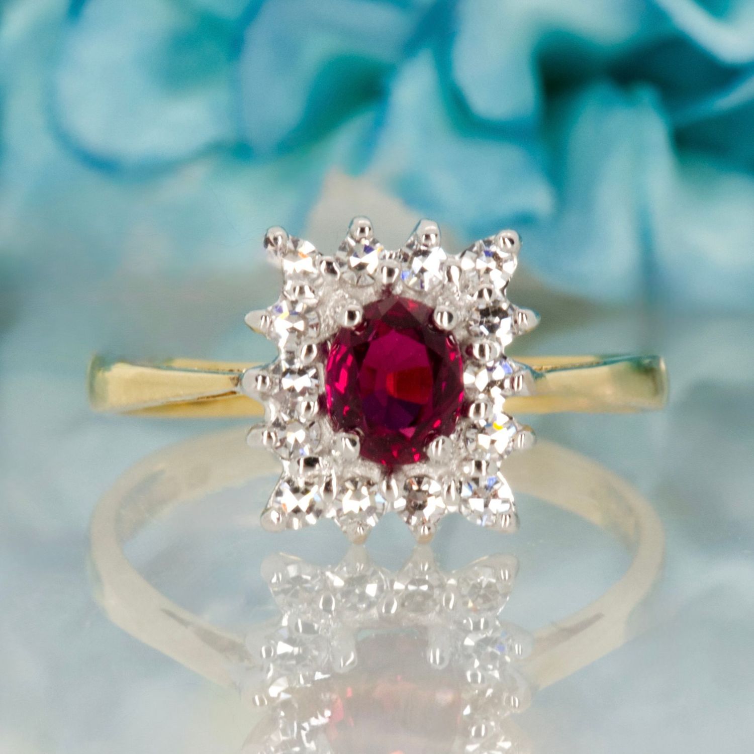 Pre-Loved 18ct Yellow Gold Oval Cut Ruby & Round Brilliant Cut Diamond Rectangular Cluster Ring