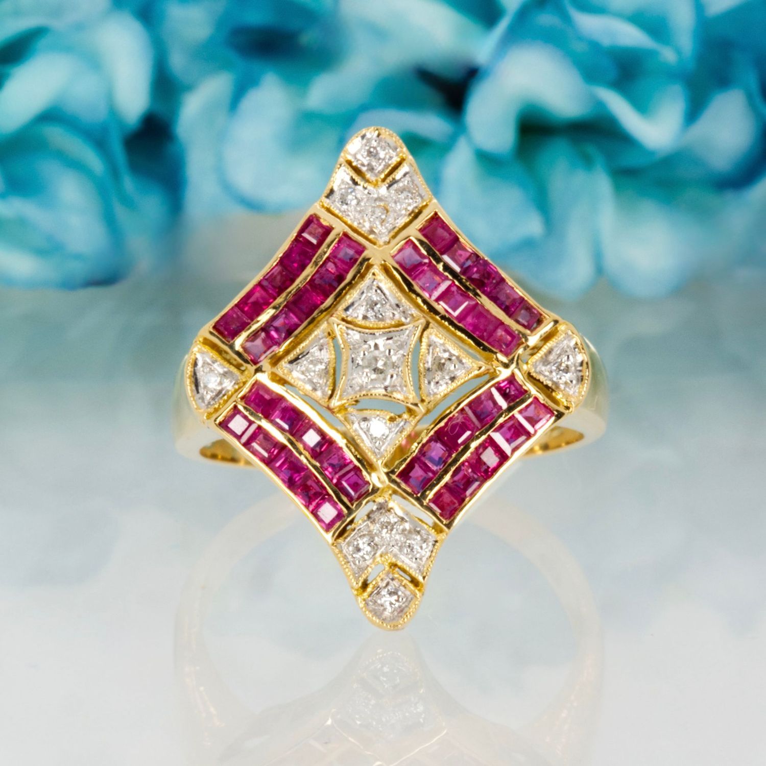 Pre-Loved 18ct Yellow Gold Square Cut Ruby & Round Cut Diamond Dress Ring