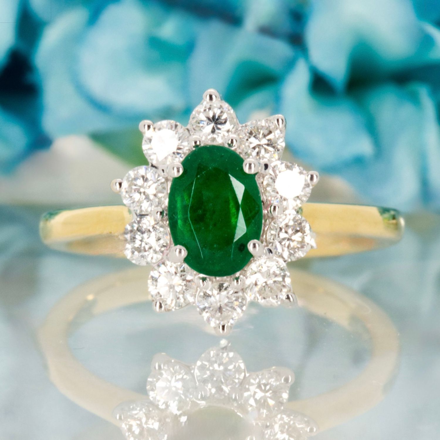 18ct Yellow Gold Oval Cut Emerald & Round Brilliant Cut Diamond Cluster Ring