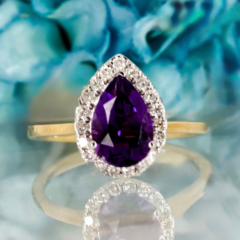 9ct Yellow Gold Pear Cut Amethyst & Round Brilliant Cut Diamond Halo Cluster Ring