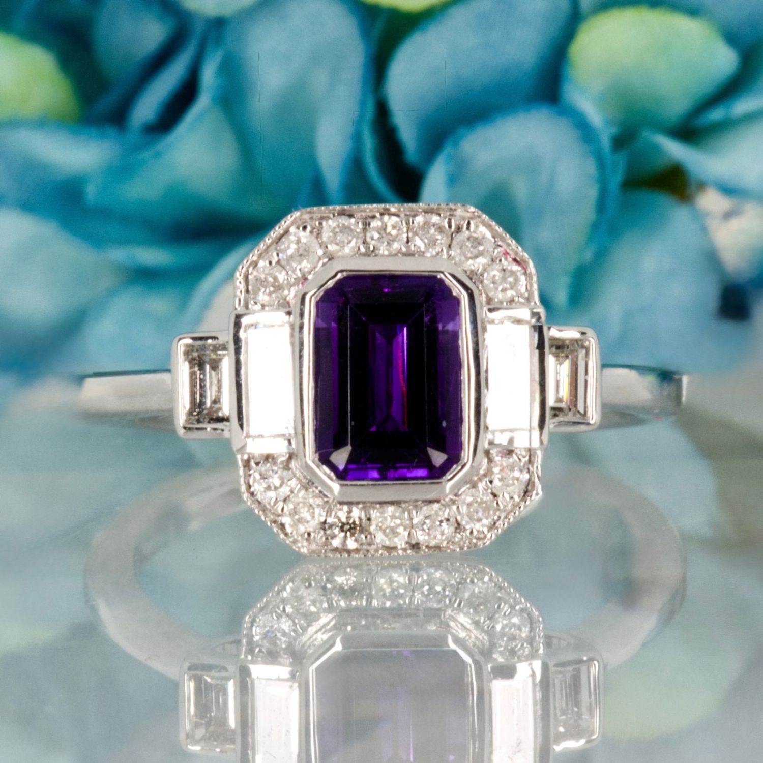 9ct White Gold Octagonal Cut Amethyst & Diamond Cluster Ring