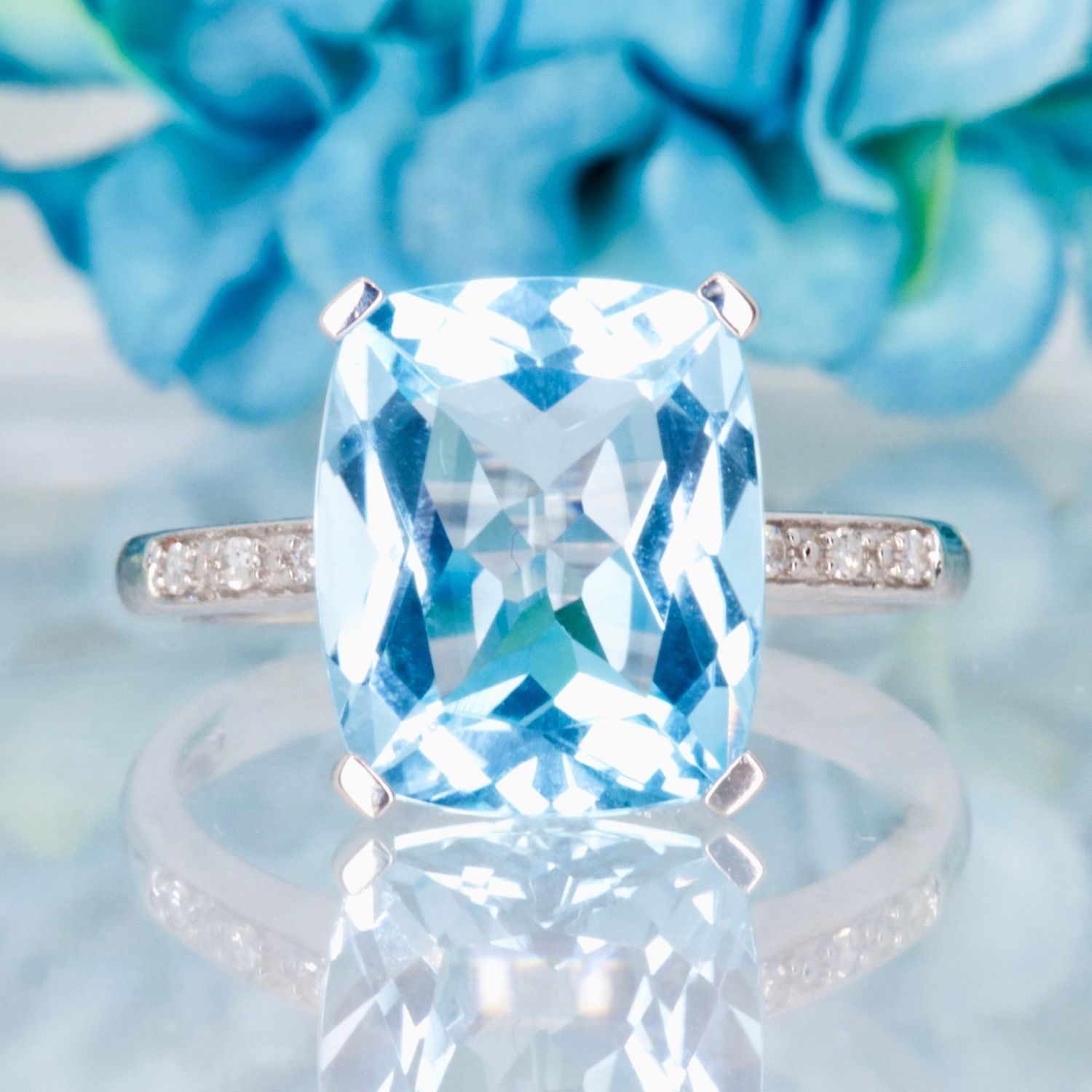 9ct White Gold Blue Topaz & Diamond Ring