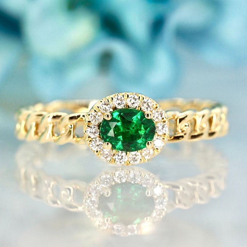 9ct Yellow Gold Oval Cut Emerald & Round Brilliant Cut Diamond Cluster Ring