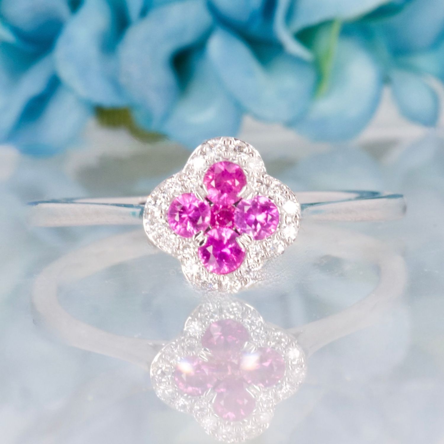 9ct White Gold Round Cut Pink Sapphire & Diamond Clover Cluster Ring