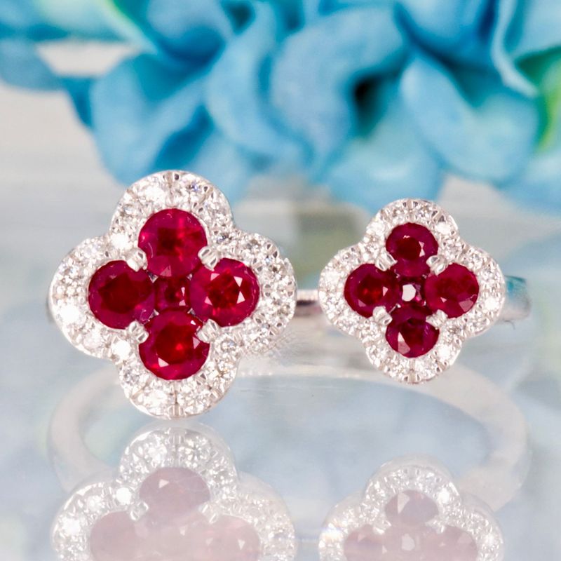Platinum Round Cut Ruby & Diamond Double Clover Cluster Ring