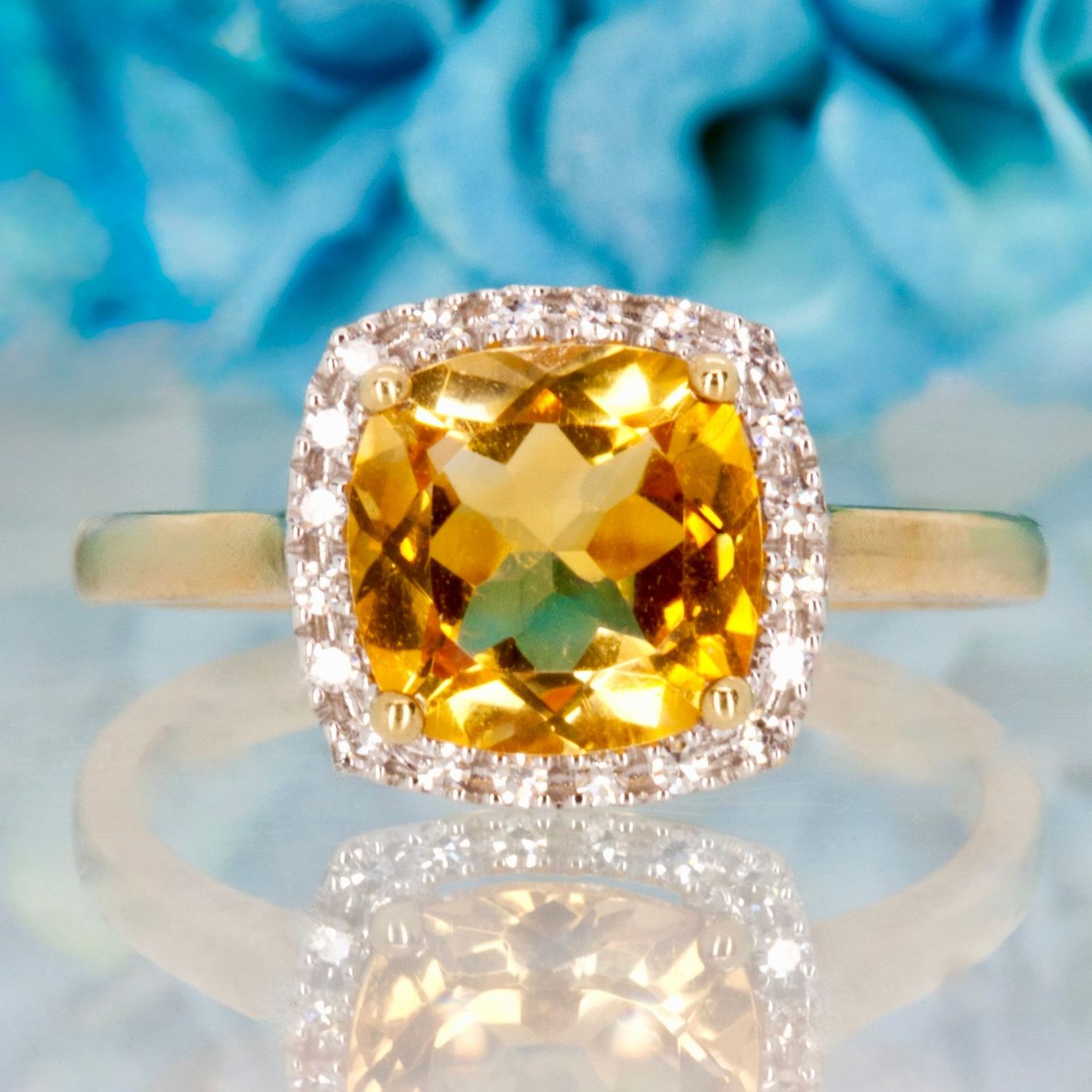 9ct Yellow Gold Cushion Cut Citrine & Round Brilliant Cut Diamond Halo Cluster Ring