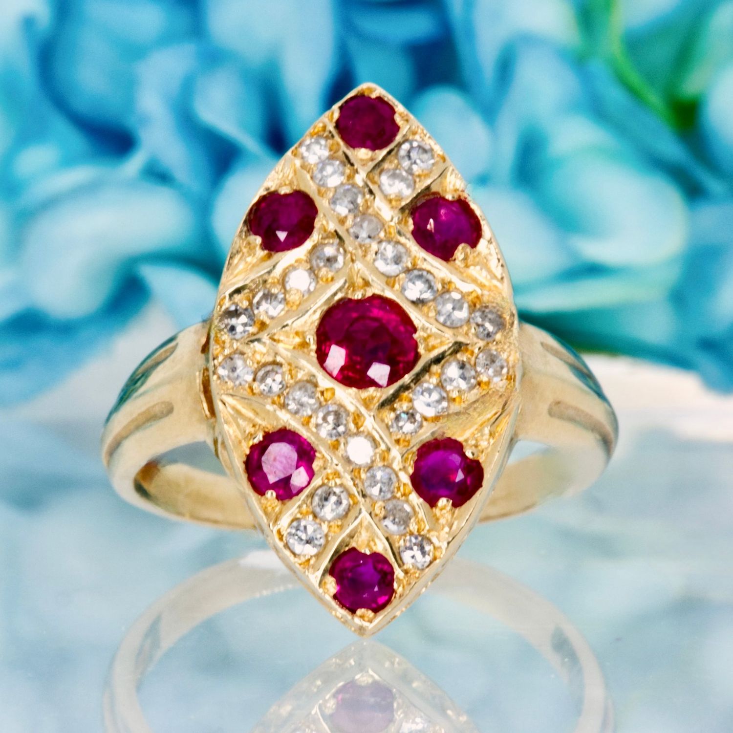 Pre-Loved 15ct Yellow Gold Ruby & Diamond Marquise Shaped Cluster Ring