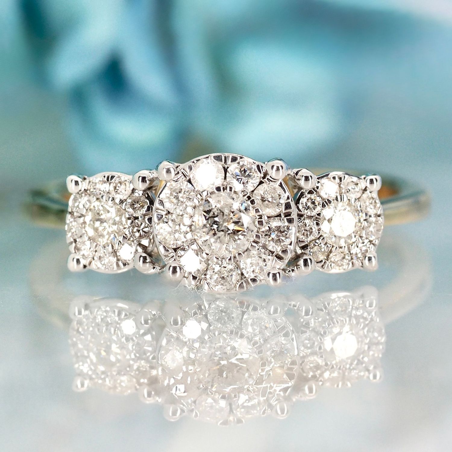 9ct Yellow Gold 0.50ct Round Brilliant Cut Diamond Triple Cluster Ring