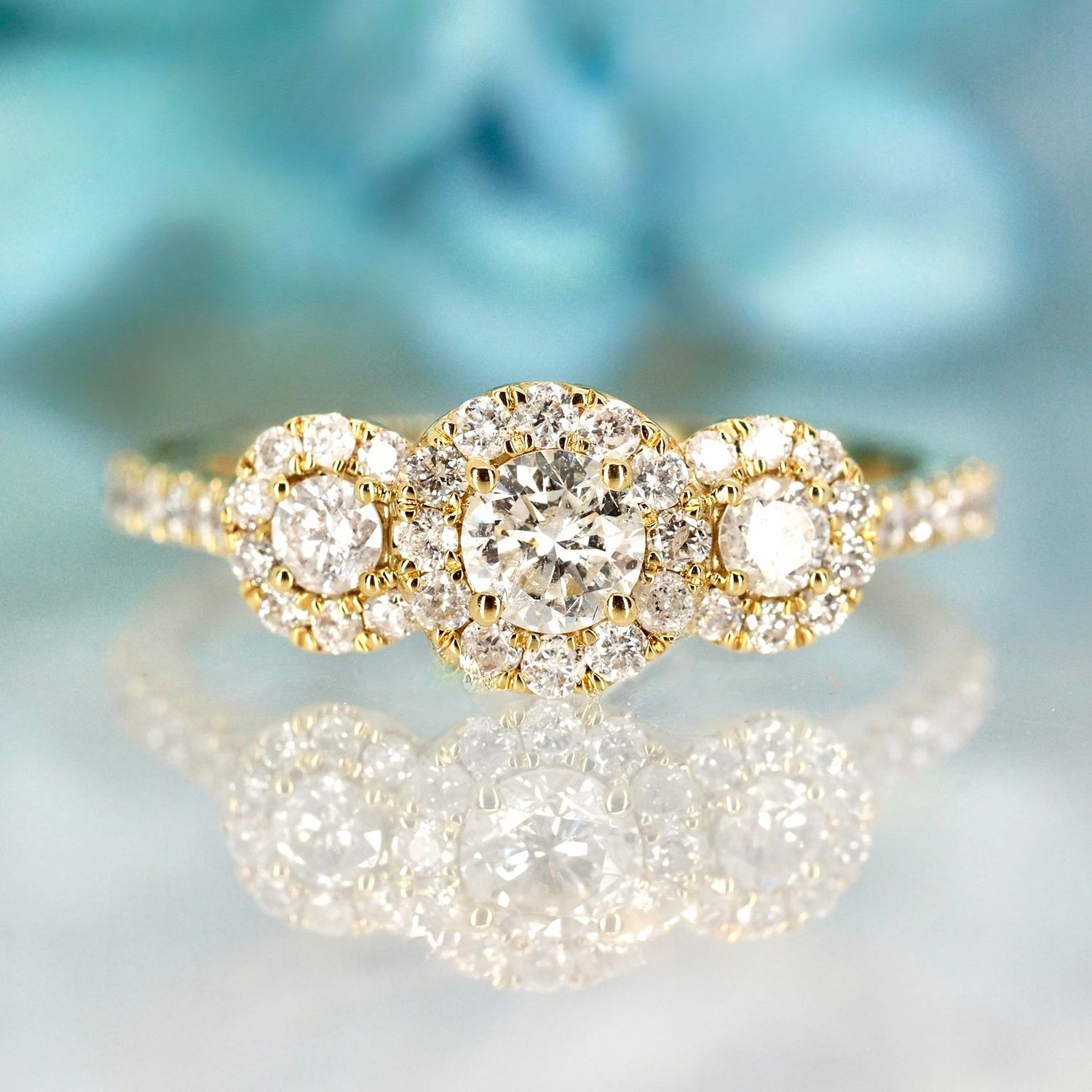 9ct Yellow Gold 0.75ct Round Brilliant Cut Diamond Triple Halo Cluster Ring