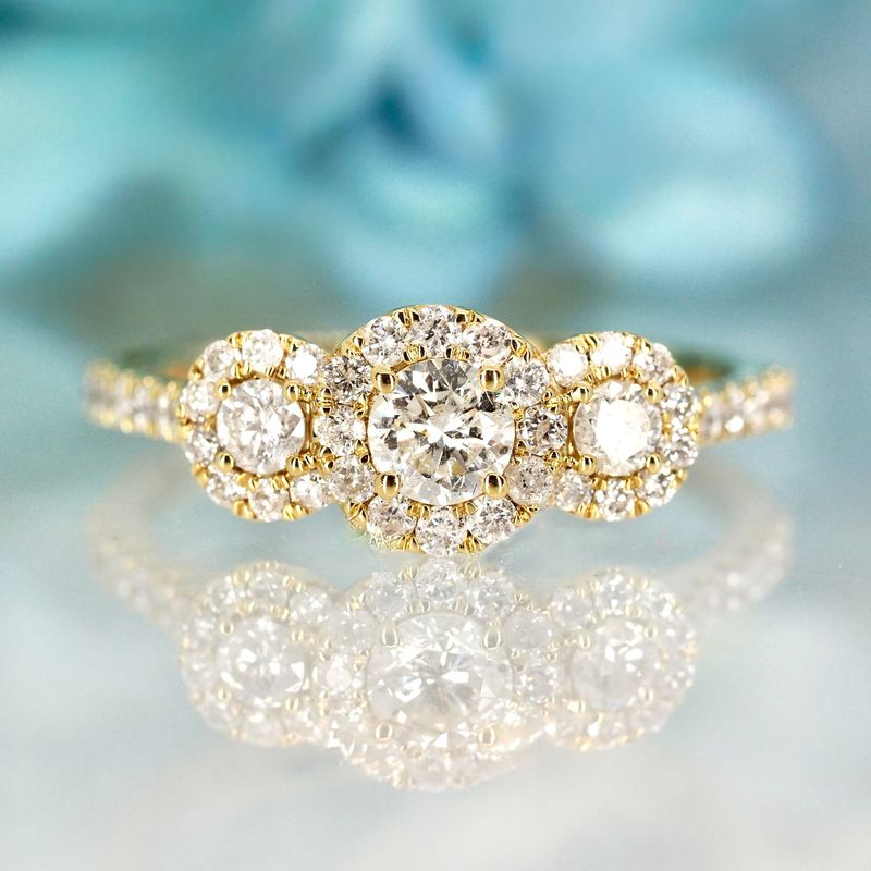 9ct Yellow Gold 0.75ct Round Brilliant Cut Diamond Triple Halo Cluster Ring