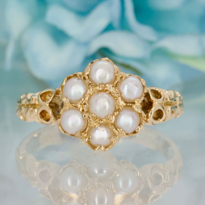 Antique 18ct Yellow Gold Pearl Cluster Ring, hallmarked London 1909