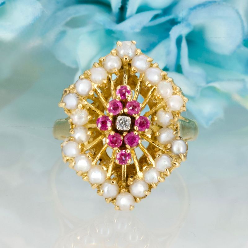 Pre-Loved 18ct Yellow Gold Pearl, Ruby & Diamond Set Dress Ring