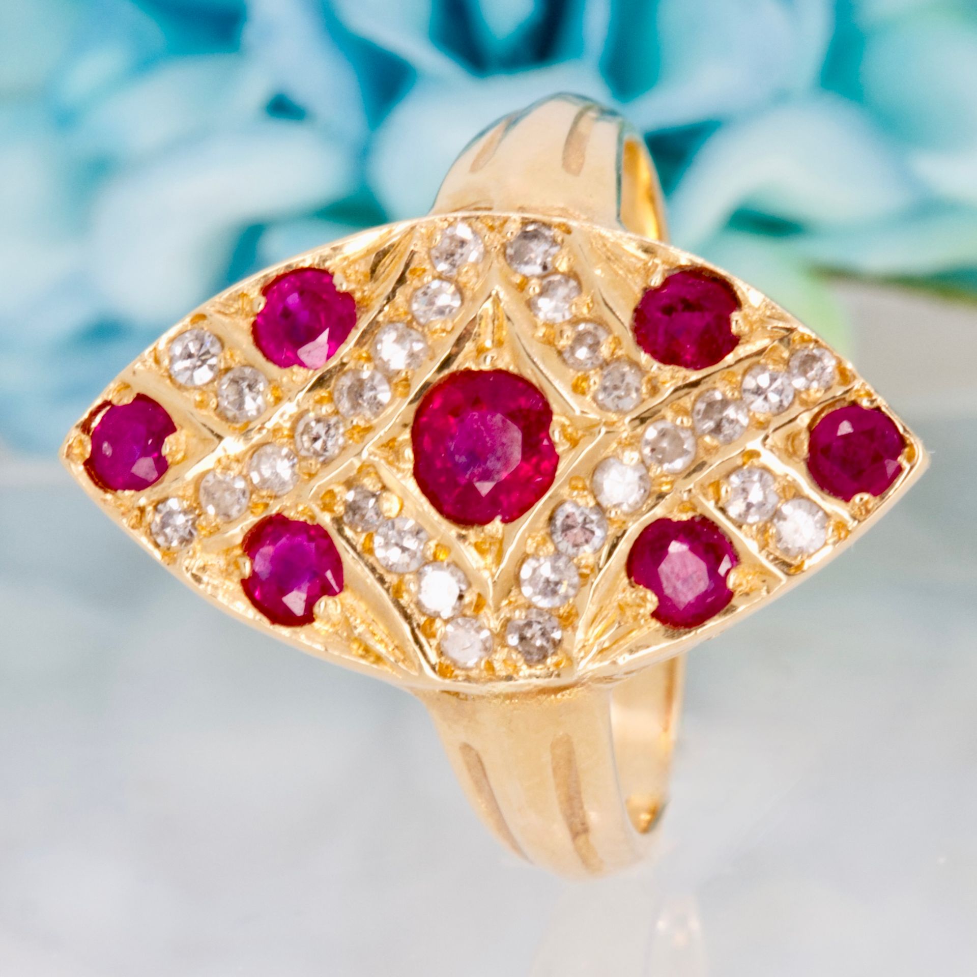 Pre-Loved 15ct Yellow Gold Ruby & Diamond Marquise Shaped Cluster Ring
