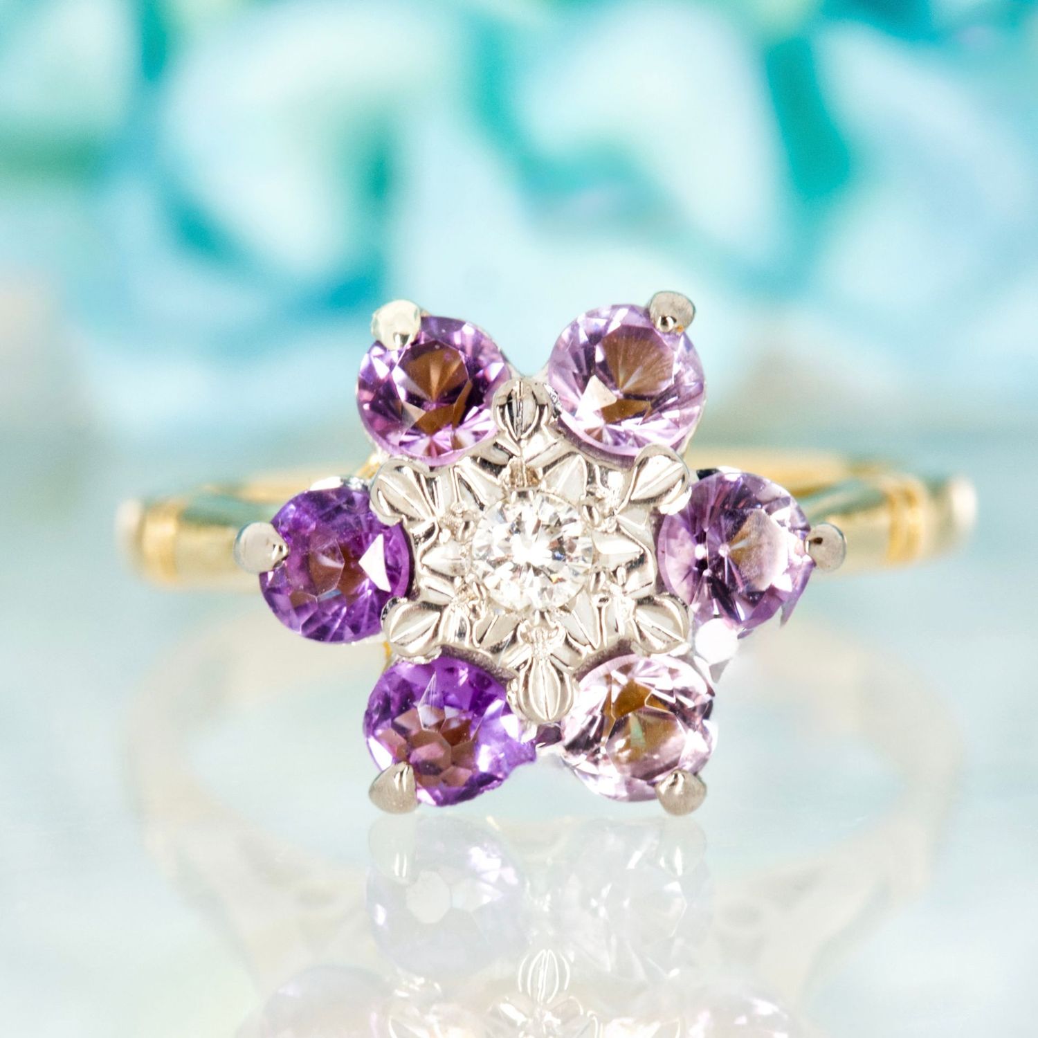 Pre-Loved 18ct Yellow Gold Round Cut Amethyst & Diamond Cluster Ring