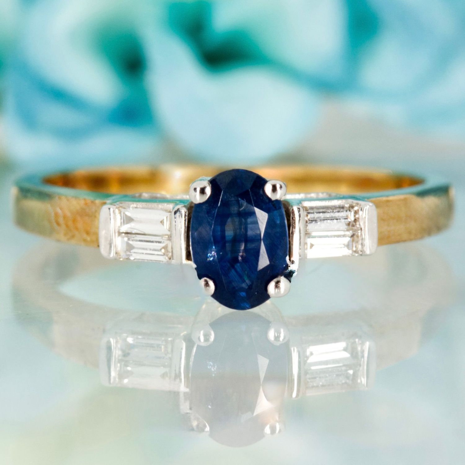 9ct Yellow Gold Oval Cut Sapphire & Baguette Cut Diamond Ring