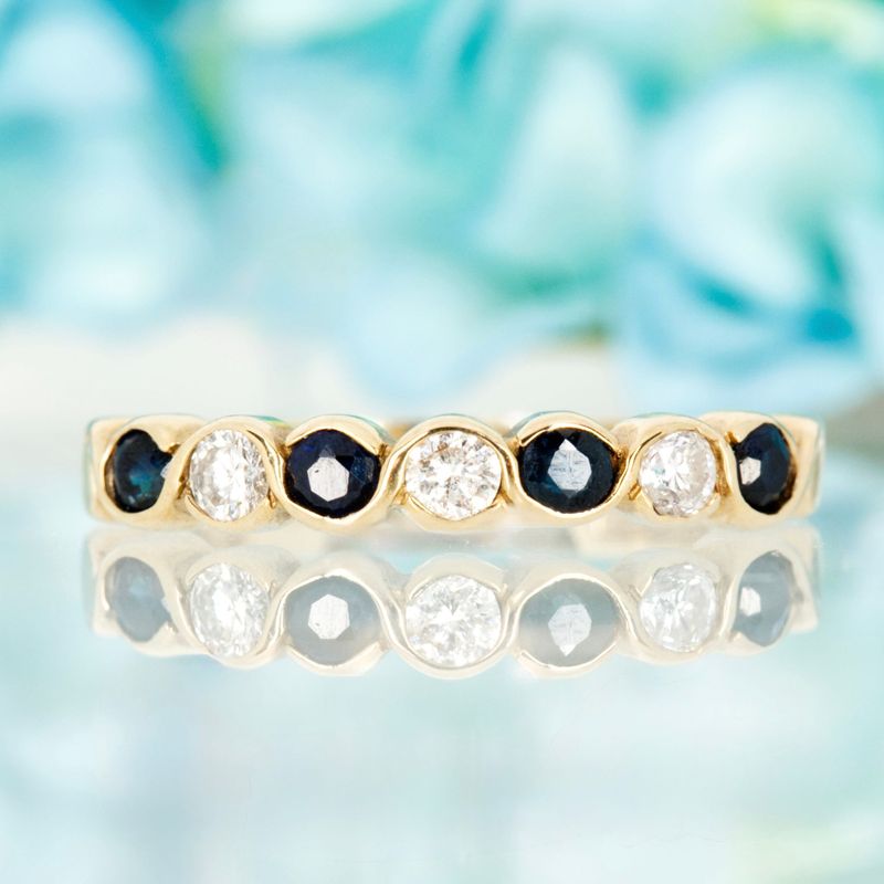 Pre-Loved 9ct Yellow Gold Round Cut Sapphire & Diamond Half Eternity Ring