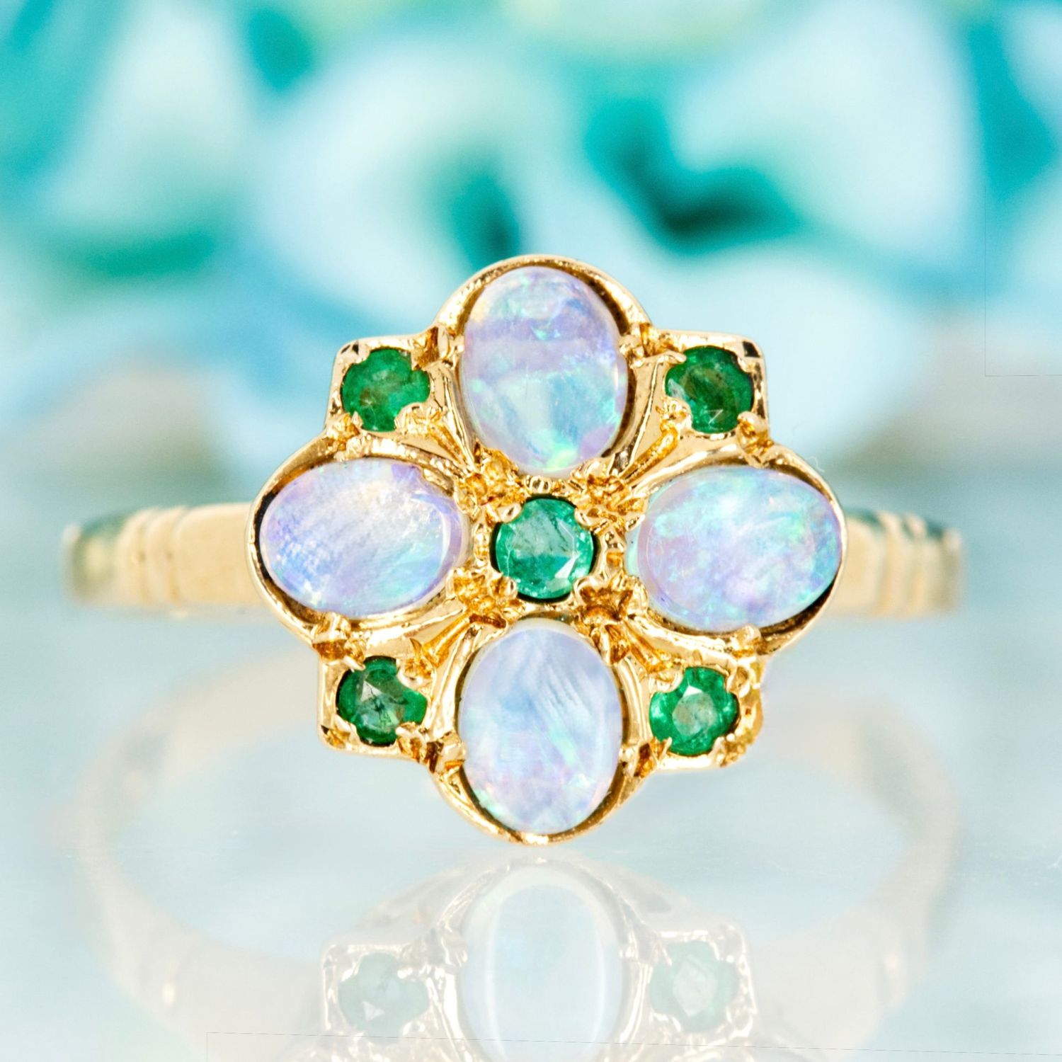 Pre-Loved 9ct Yellow Gold Opal & Emerald Cluster Ring