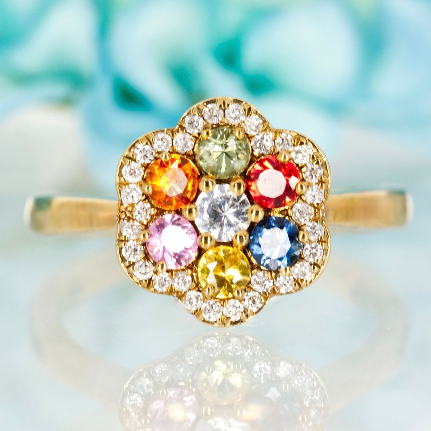 9ct Yellow Gold Round Cut Multi-Coloured Sapphire & Diamond Flower Cluster Ring