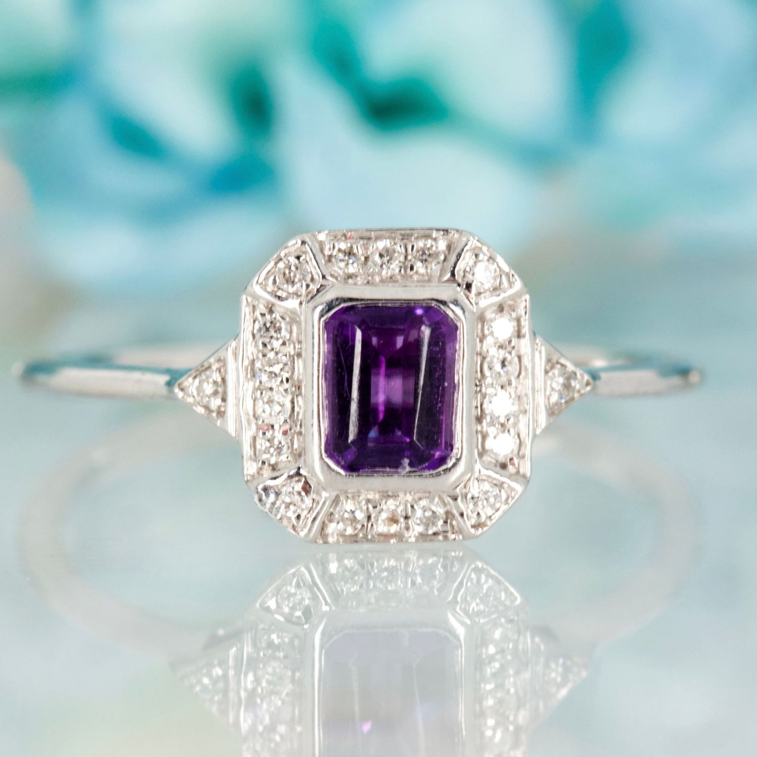 9ct White Gold Octagonal Cut Amethyst & Round Brilliant Cut Diamond Halo Cluster Ring
