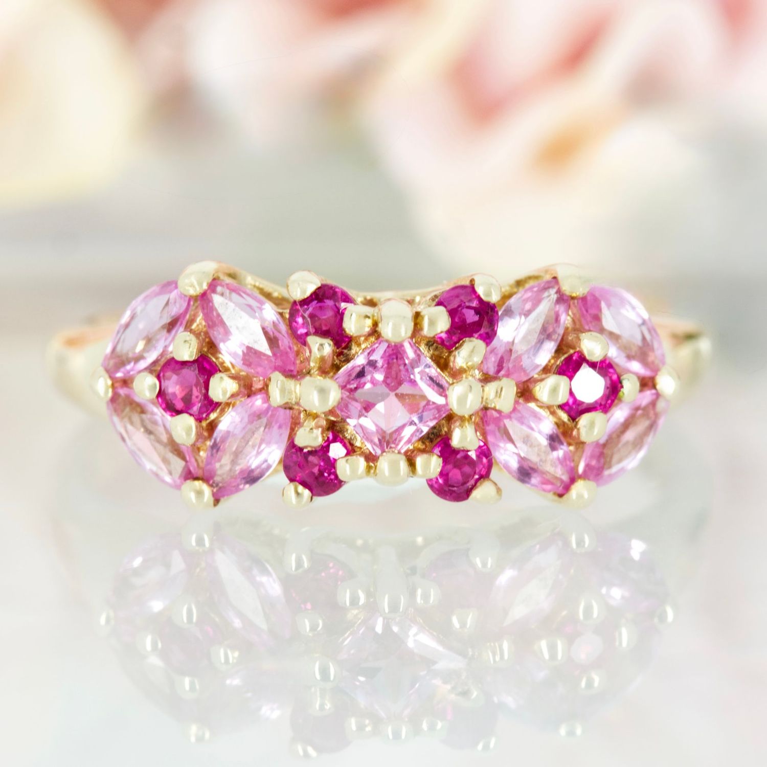 Pre-Loved 9ct Yellow Gold Marquise & Princess Cut Pink Sapphire & Round Cut Ruby Ring