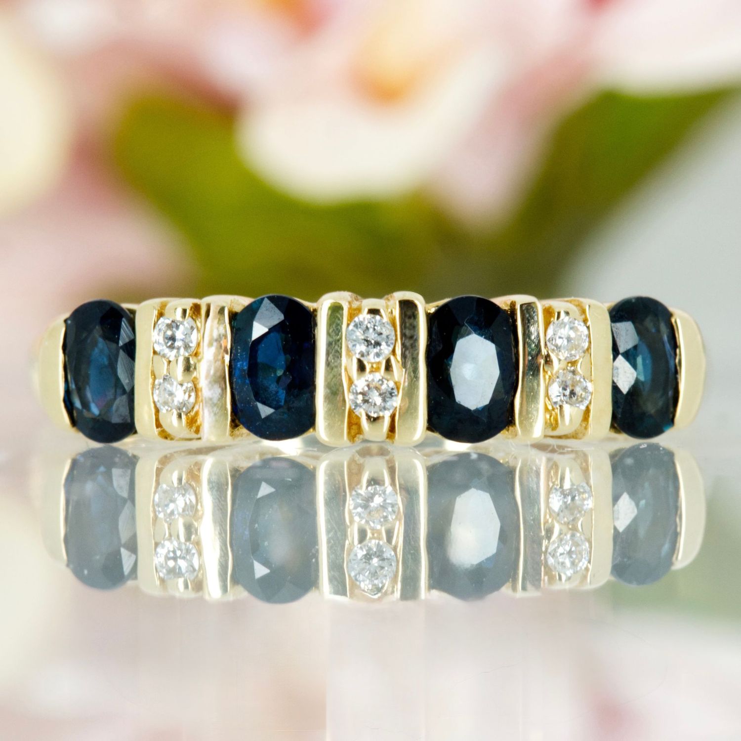 Pre-Loved 18ct Yellow Gold Oval Cut Sapphire & Round Cut Diamond Bar Set Eternity Ring