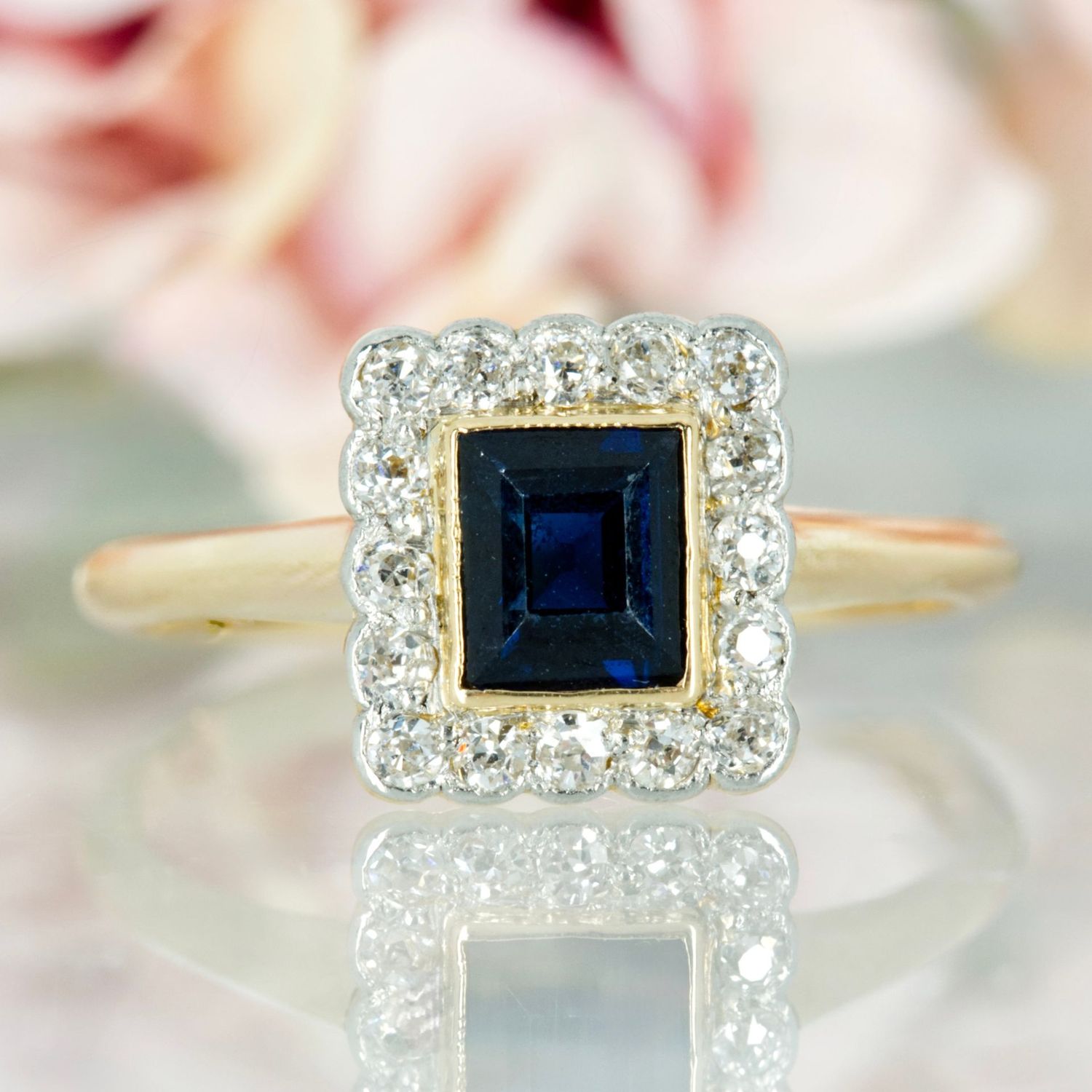 Pre-Loved 18ct Yellow Gold Rectangular Cut Sapphire & Round Brilliant Cut Diamond Cluster Ring