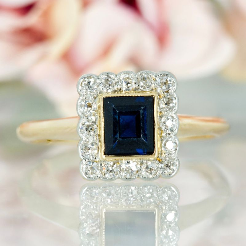 Pre-Loved 18ct Yellow Gold Rectangular Cut Sapphire & Round Brilliant Cut Diamond Cluster Ring
