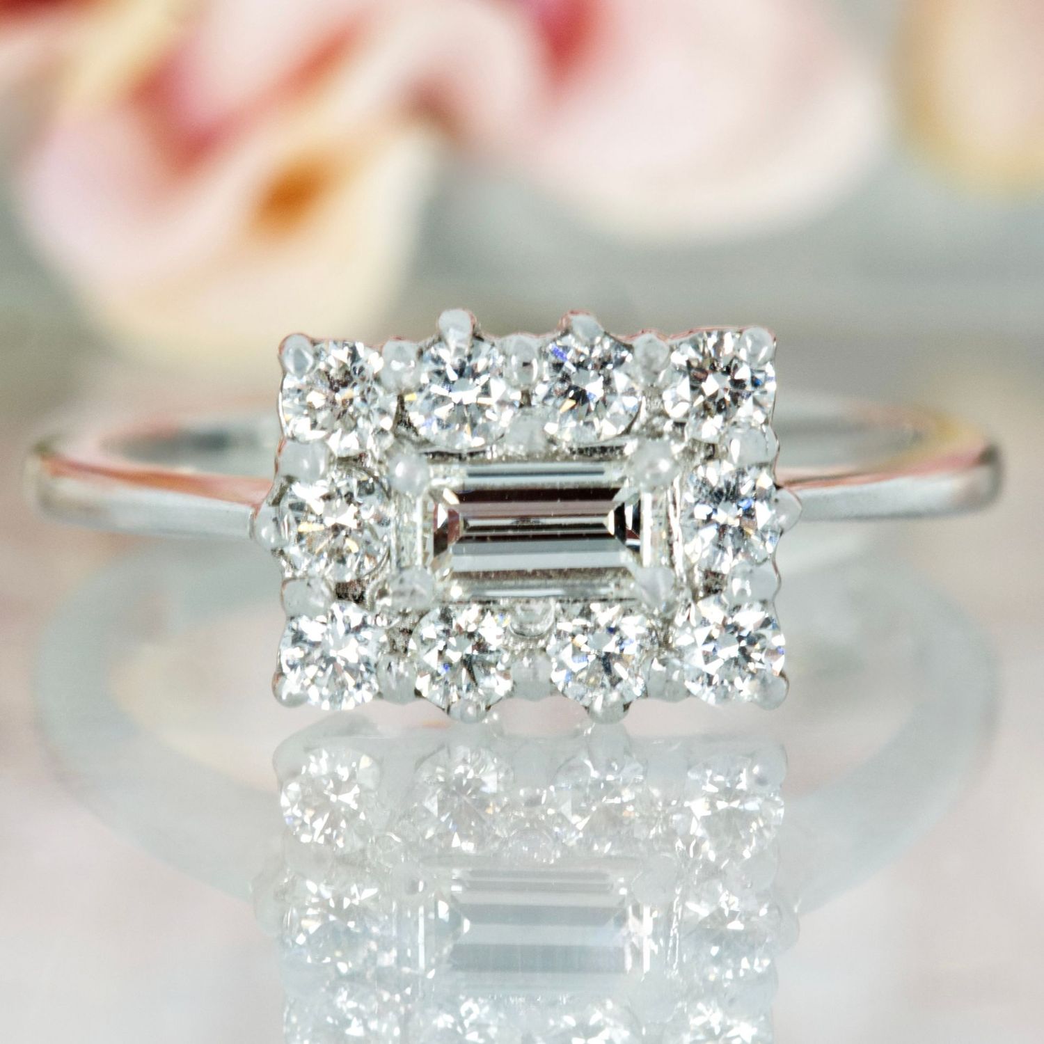 18ct White Gold 0.70ct Baguette & Round Brilliant Cut Diamond Rectangular Cluster Ring
