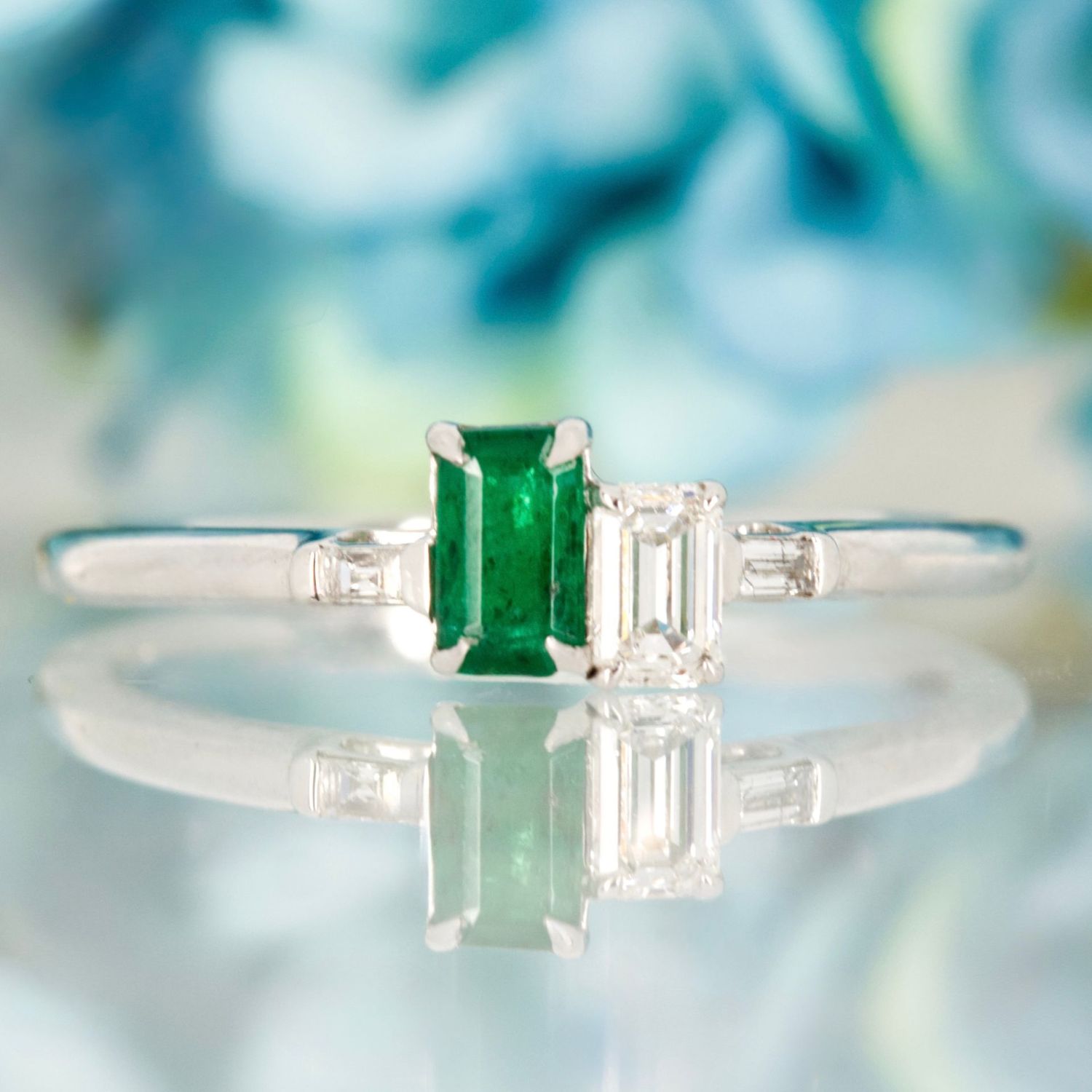 Platinum Octagonal Cut Emerald & Diamond Toi Et Moi Ring