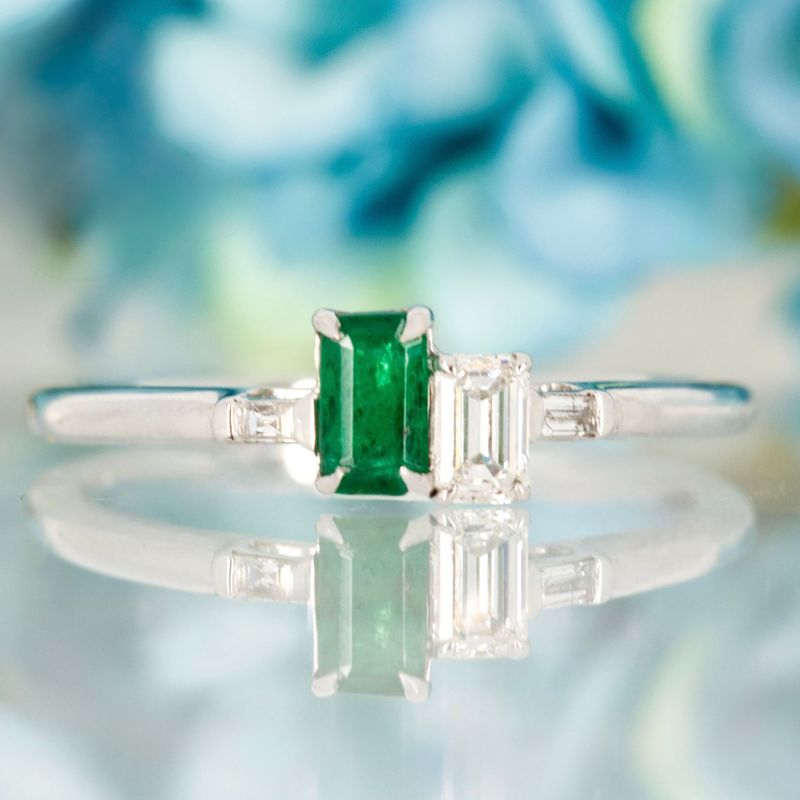 Platinum Octagonal Cut Emerald & Diamond Toi Et Moi Ring