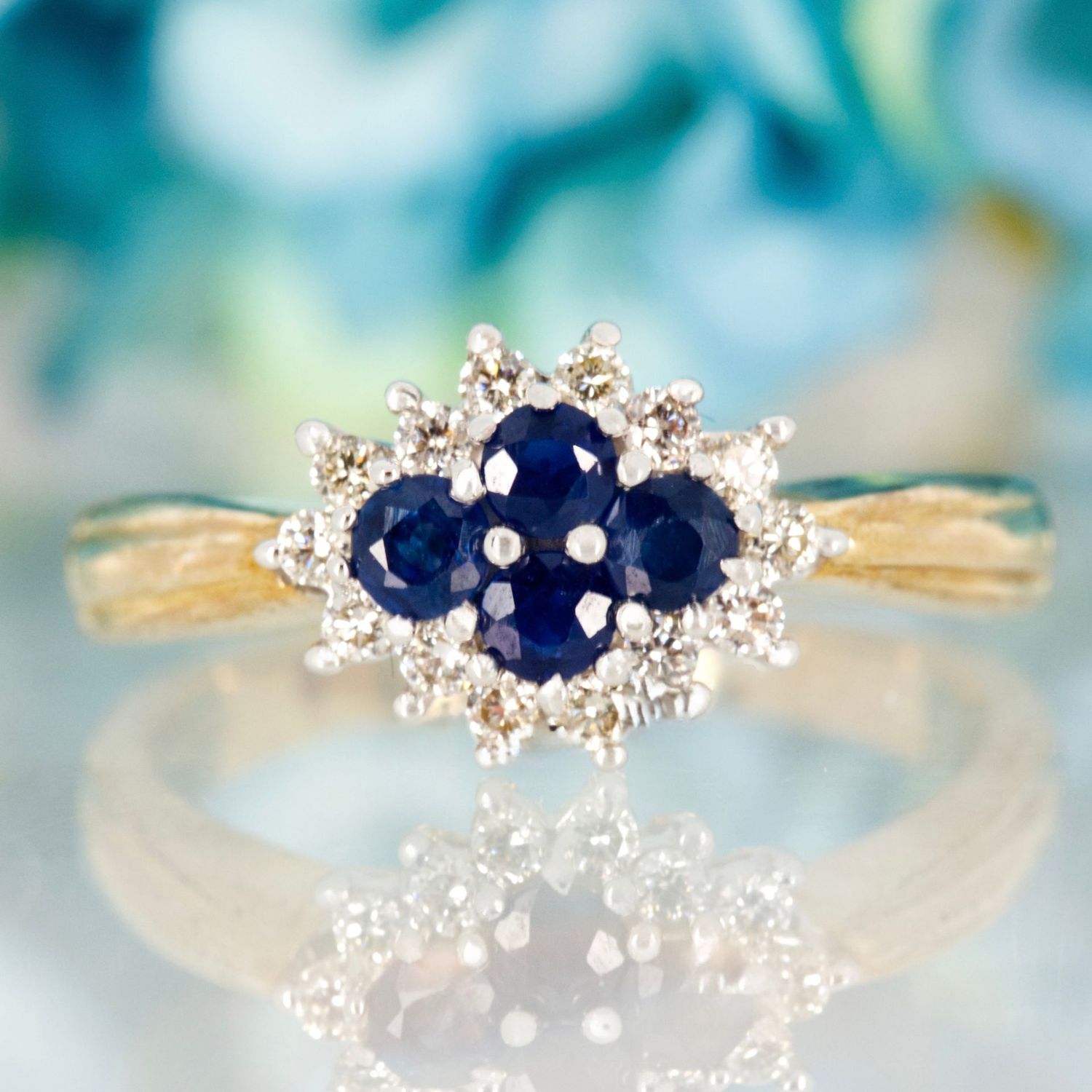 9ct Yellow Gold Round Cut Sapphire & Diamond Cluster Ring