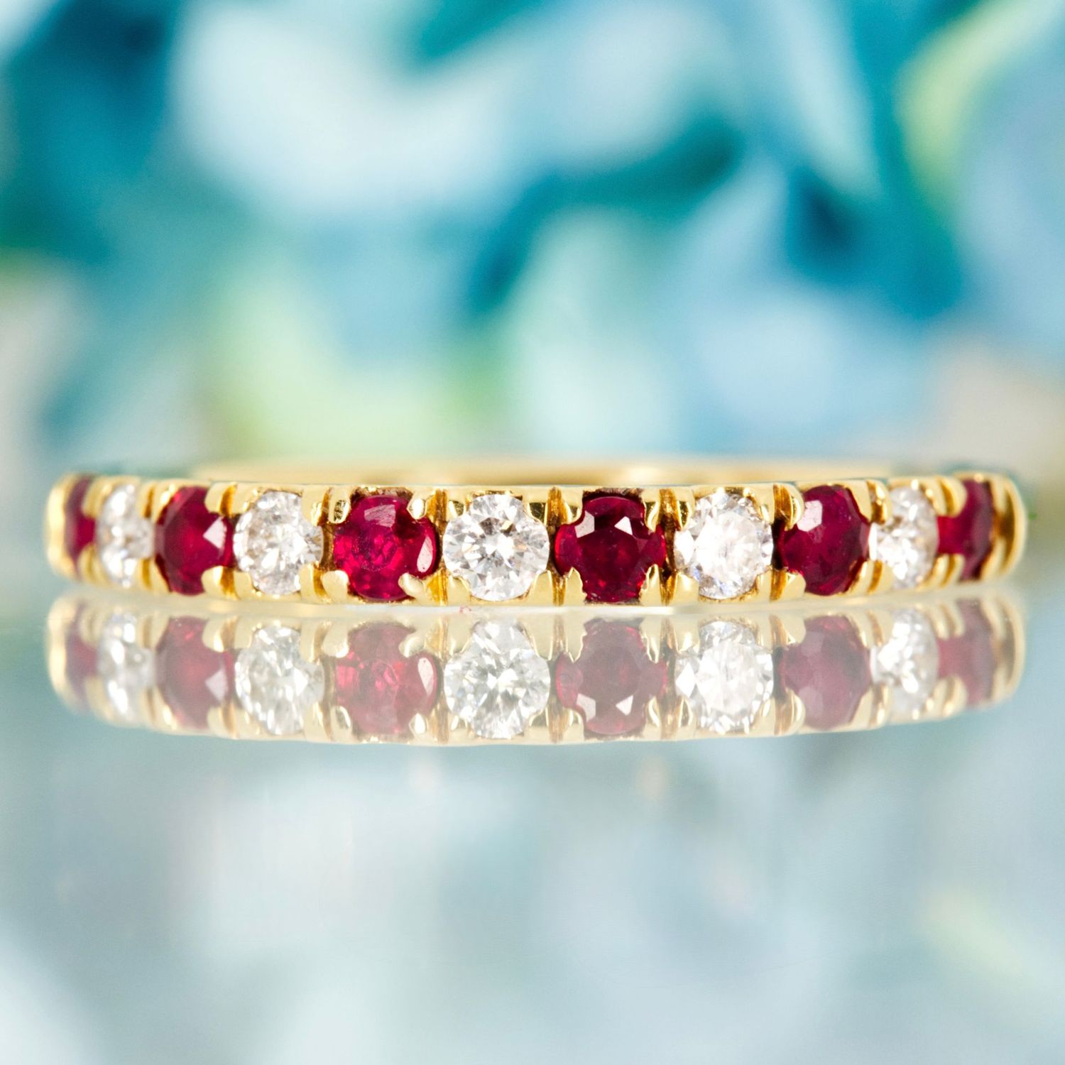 18ct Yellow Gold Round Cut Ruby & Diamond Claw Set Half Eternity Ring