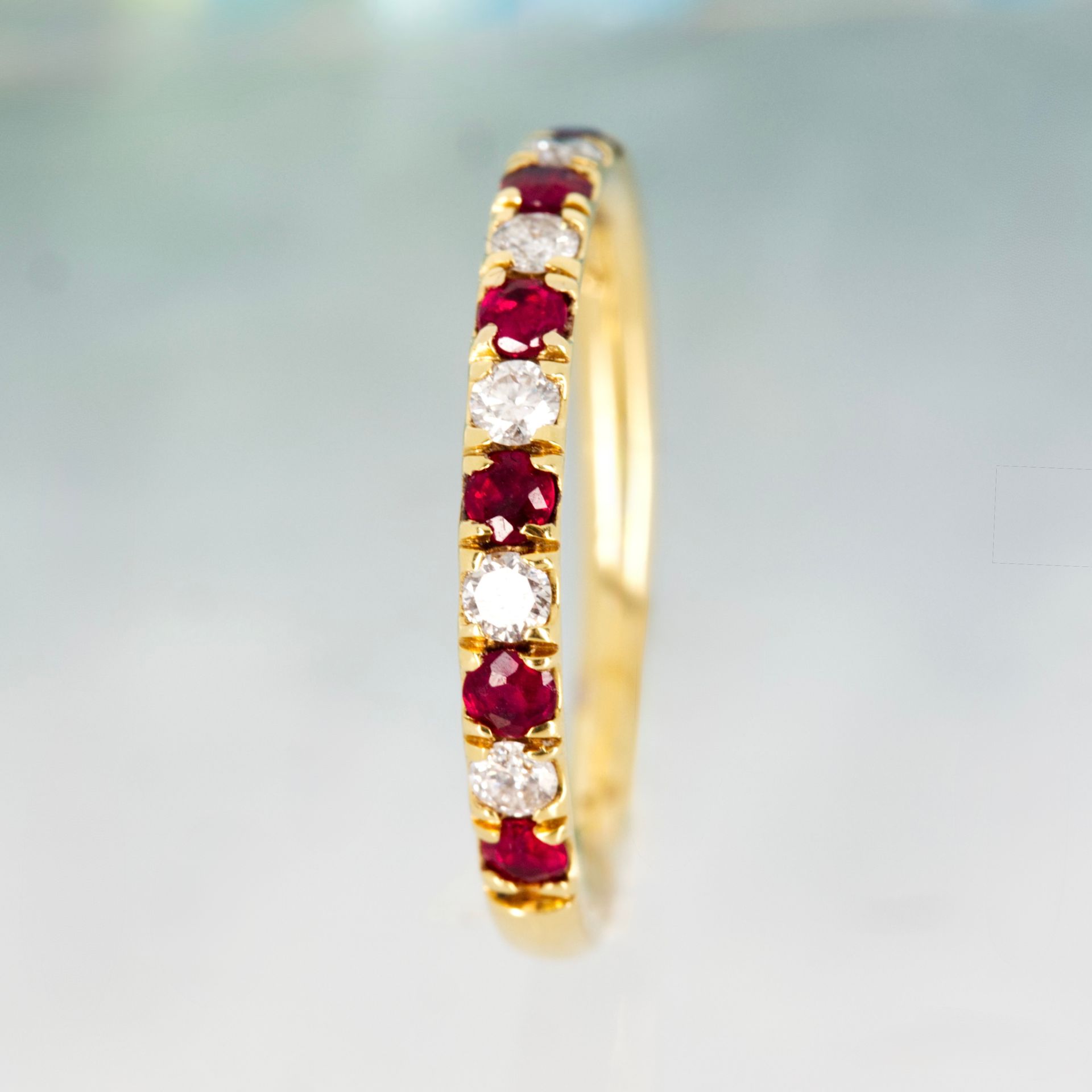 18ct Yellow Gold Round Cut Ruby & Diamond Claw Set Half Eternity Ring