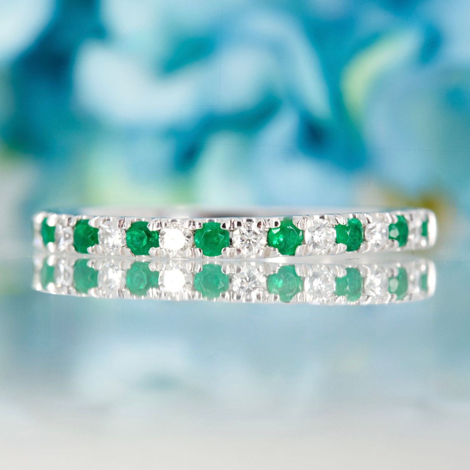 Platinum Round Cut Emerald & Diamond Claw Set Half Eternity Ring