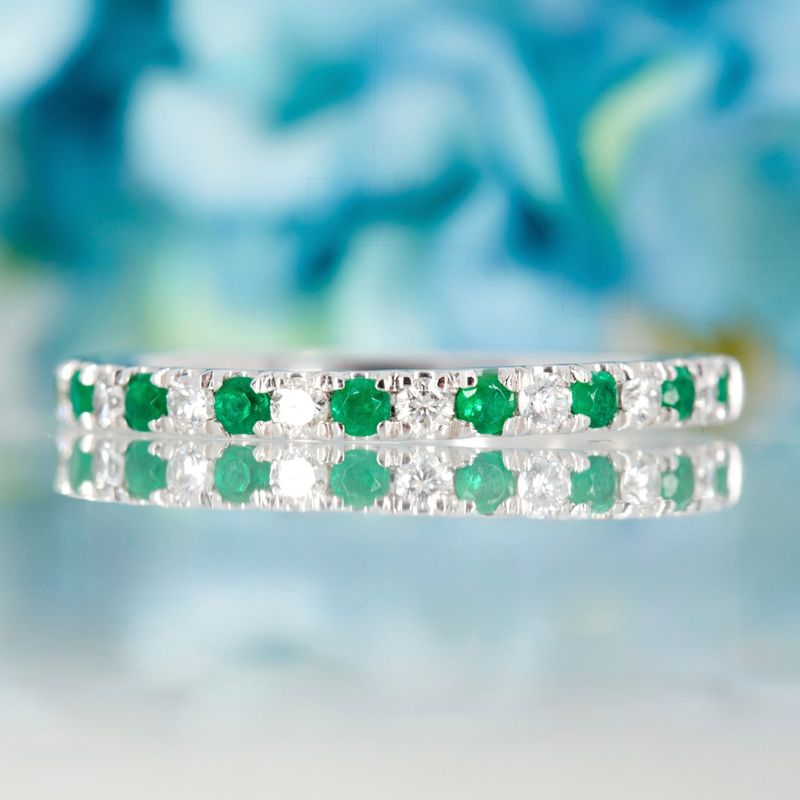 Platinum Round Cut Emerald & Diamond Claw Set Half Eternity Ring