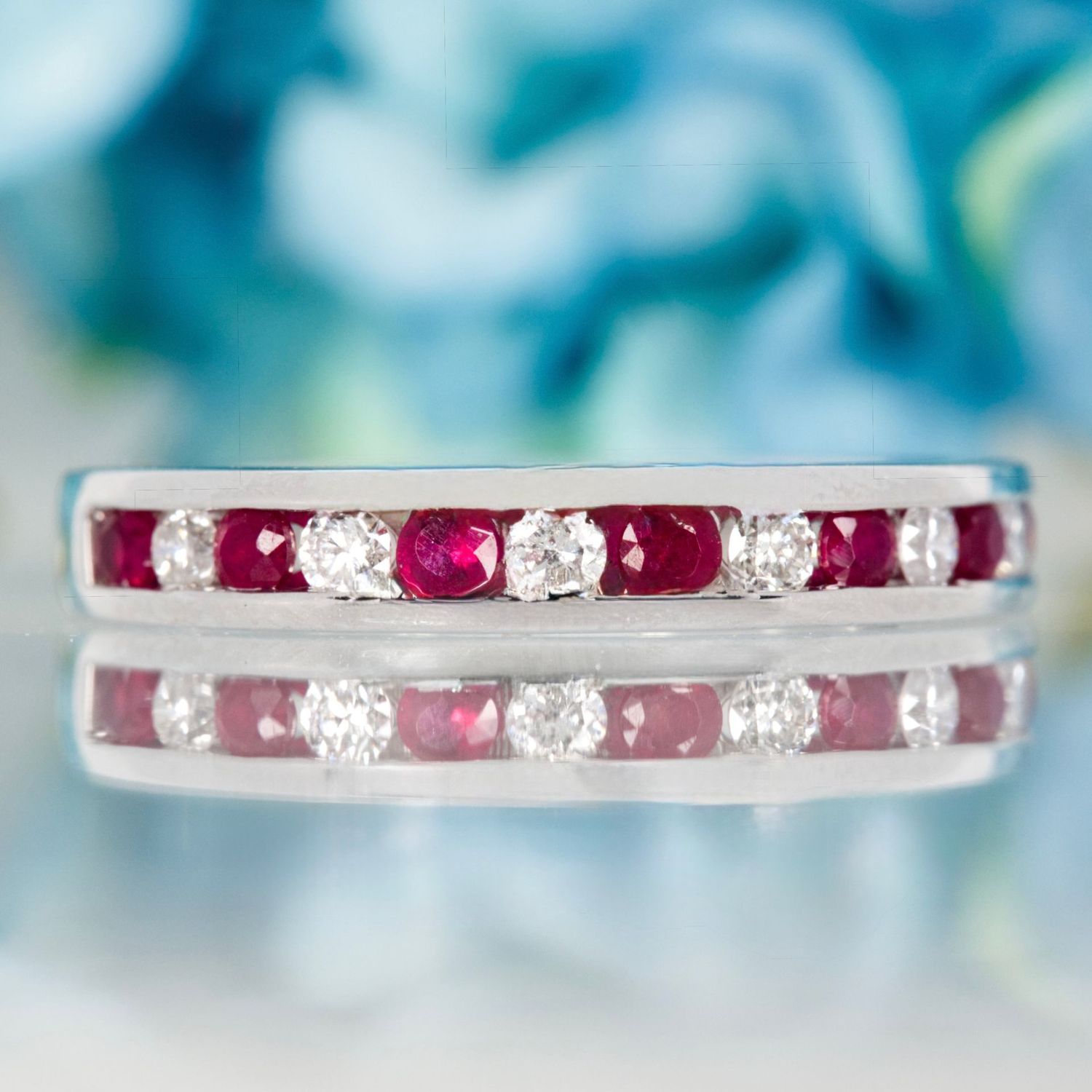Platinum Round Cut Ruby & Diamond Channel Set Half Eternity Ring