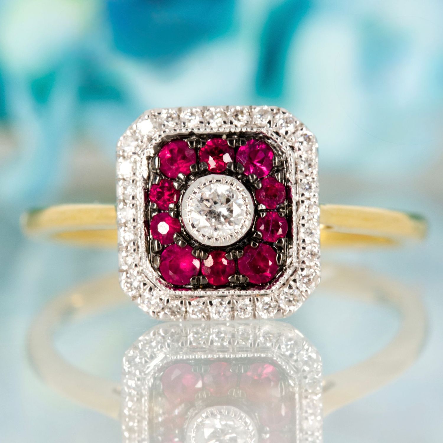 18ct Yellow Gold Round Cut Ruby & Diamond Square Cluster Ring