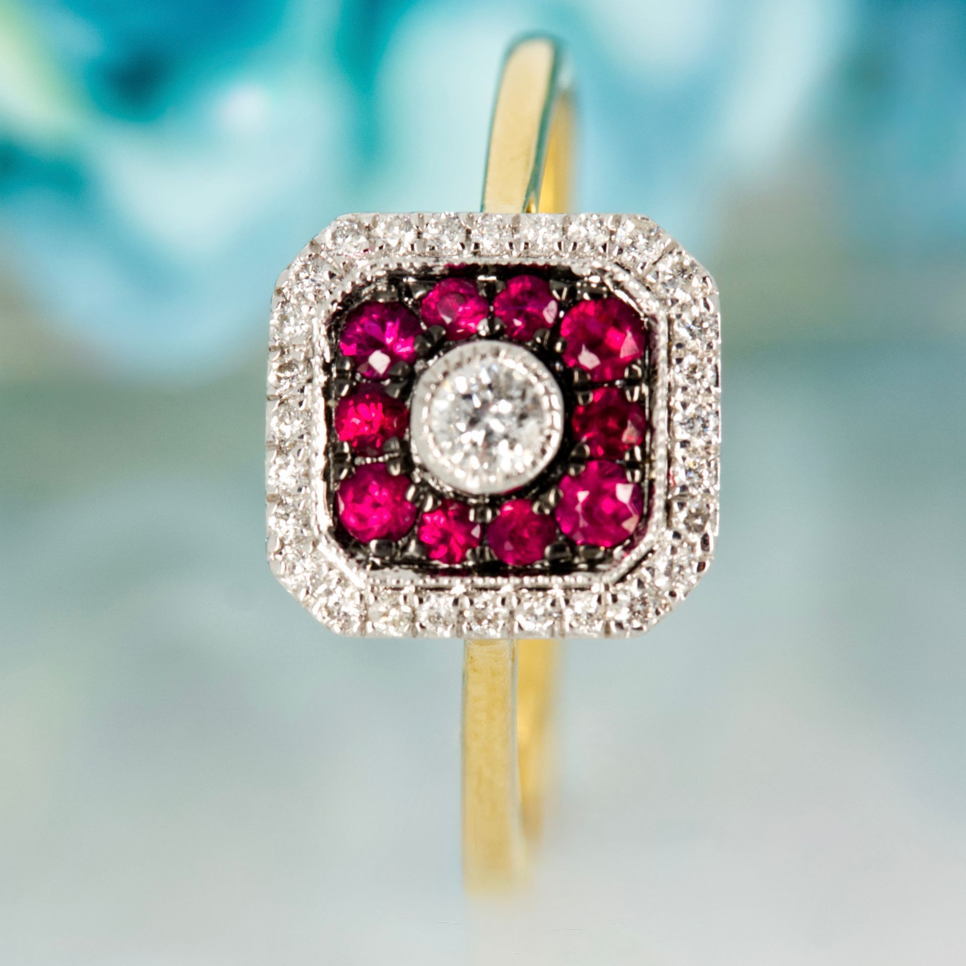 18ct Yellow Gold Round Cut Ruby & Diamond Square Cluster Ring